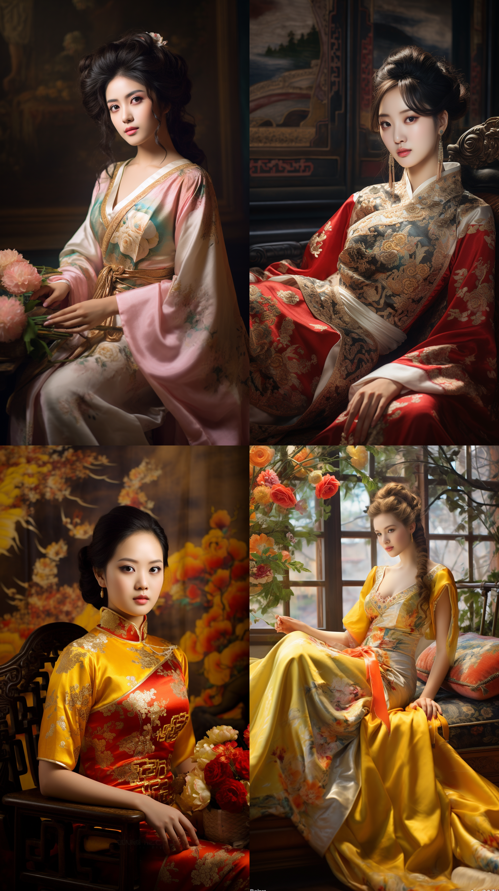 室内拍摄，明亮色调，中国模特穿着古典服装，侧面肖像，柔和光线，中焦镜头，端庄表情，优雅动作，传统元素，油画效果，温暖情感