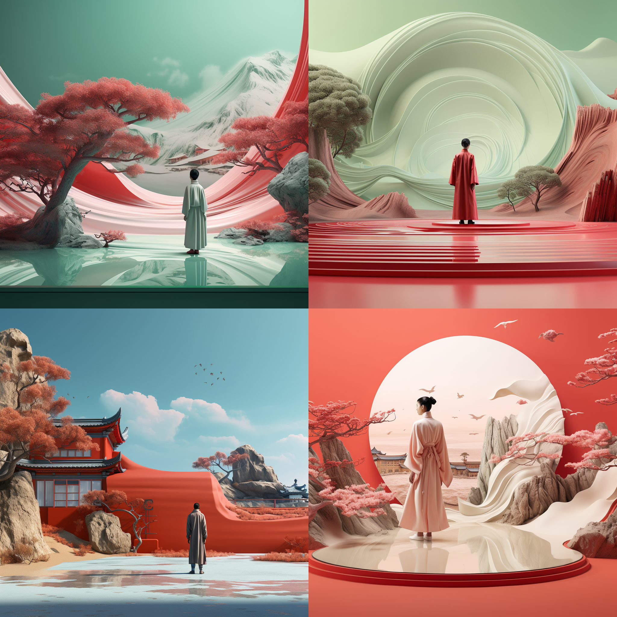 汉服男子站在一座红色人造建筑旁，流动的风景风格，宋代工笔山水画风，用cinema4d渲染，有机流动的形状，月球表面，浅绿和白色，地中海风景。波浪状树脂板