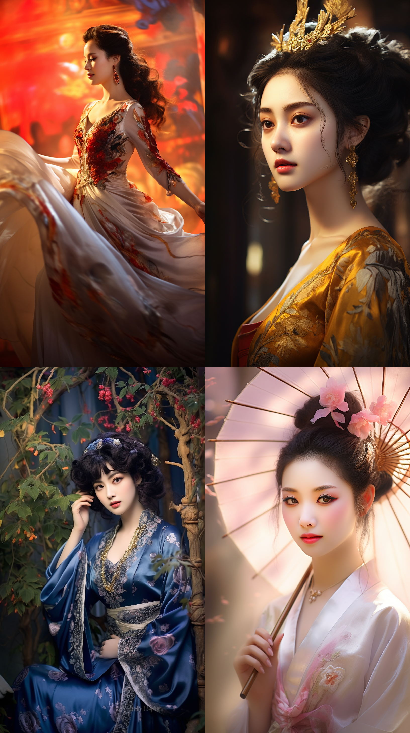 室外拍摄，明亮色调，中国模特穿着古典服装，侧面肖像，柔和光线，中焦镜头，端庄表情，优雅动作，传统元素，油画效果，温暖情感