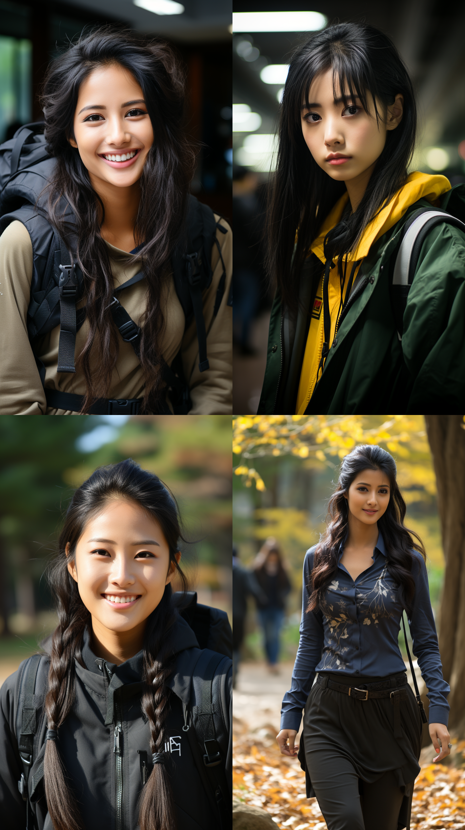 中国美丽女孩, 拍立得风格, 学校校园, 黑色长发, 年龄21岁, 长宽比4:3, 明亮色调, 自然光, 微笑, 行走, 表情自然。