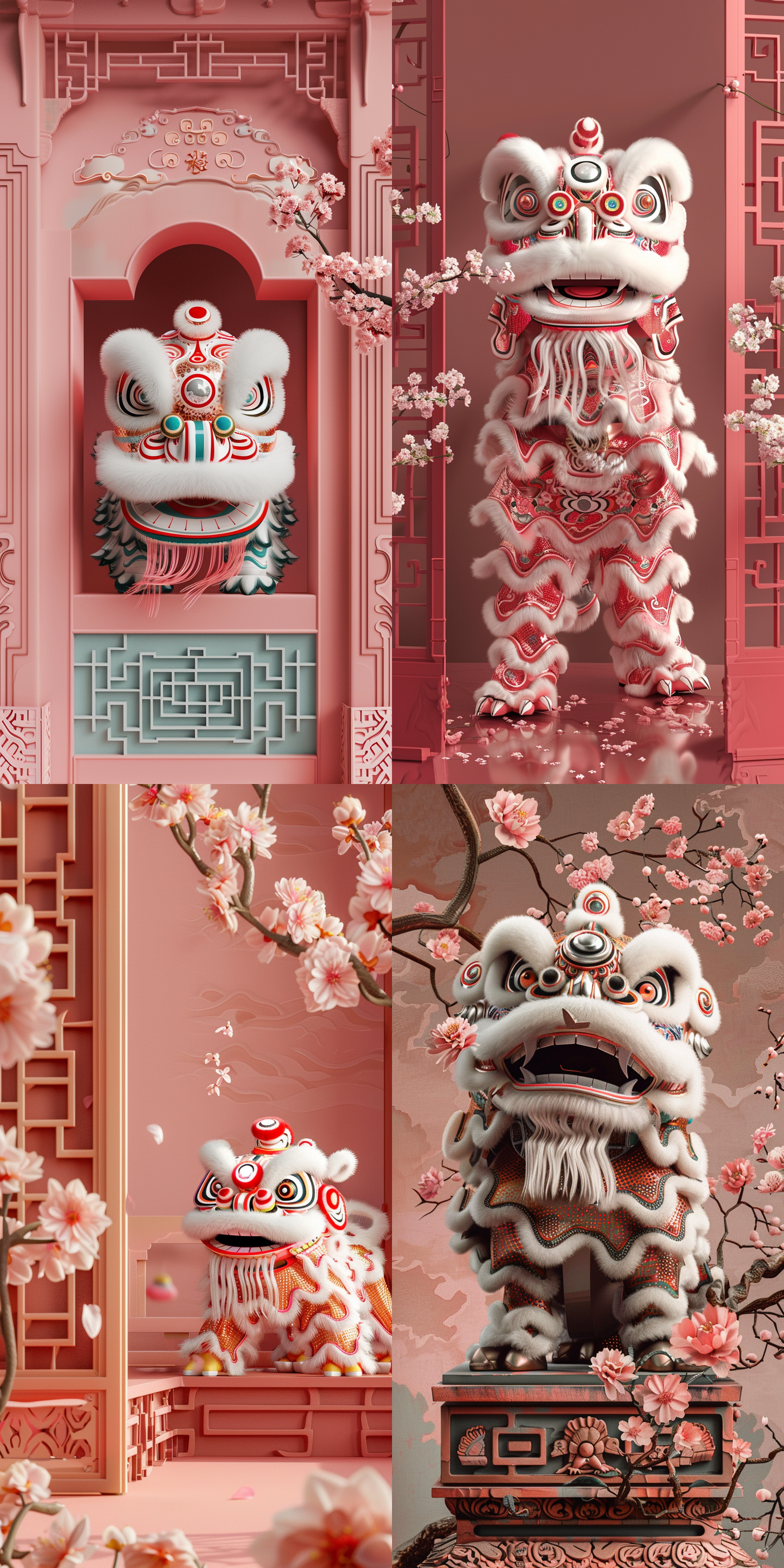 中式建筑窗户，中国舞狮，冒出一个头来，单调的粉色背景，桃花点缀，居中构图，极简风格，超清晰，超精细，超精细，超高分辨率，超高品质，超高质量，超高清，32k
