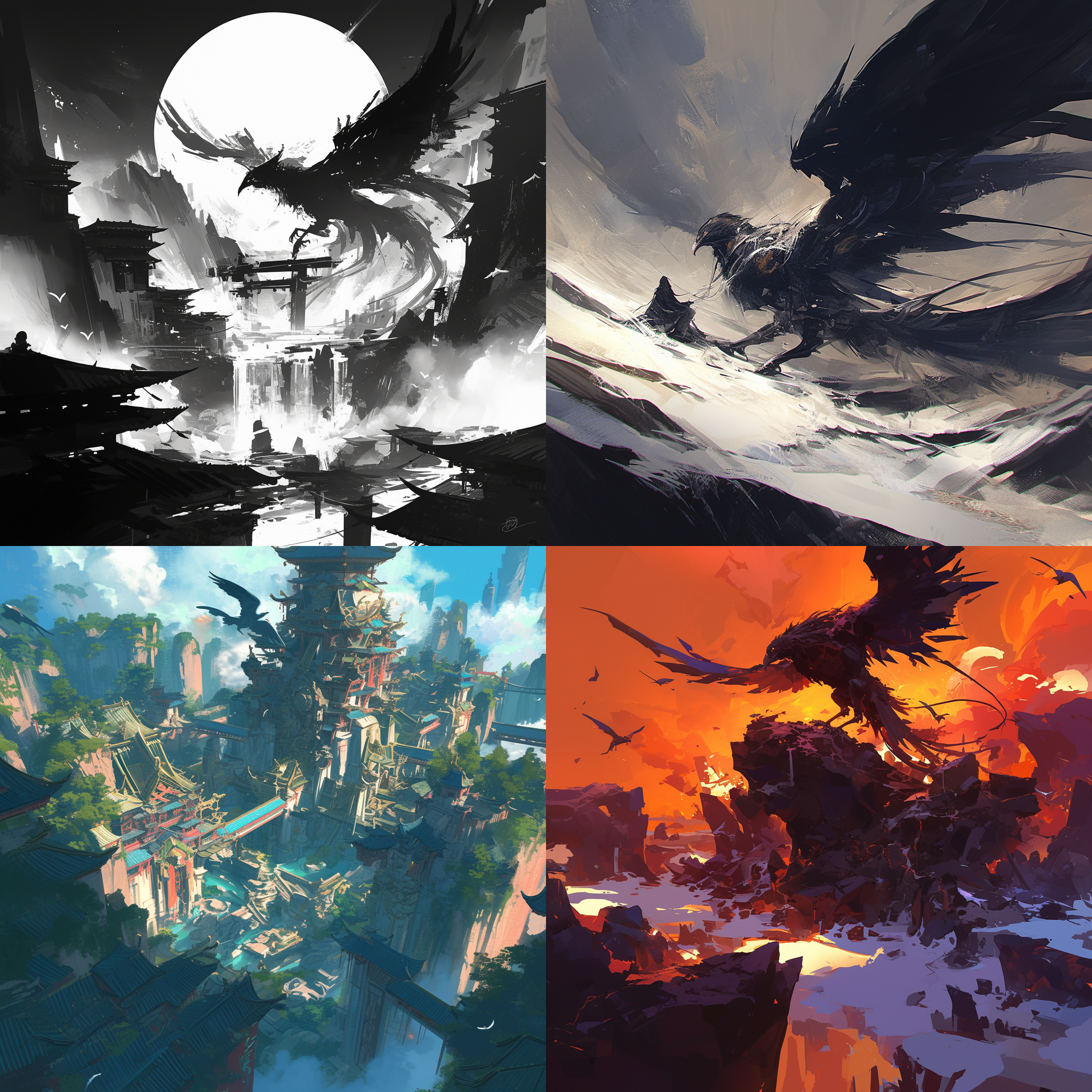 凤鸣九天，涅槃苦深，灭天骄，一鸣天下。风景壮丽，山水交融，广角镜头，高饱和度，强烈对比，侧光明亮，人物傲然神态，黑白色调，决然。