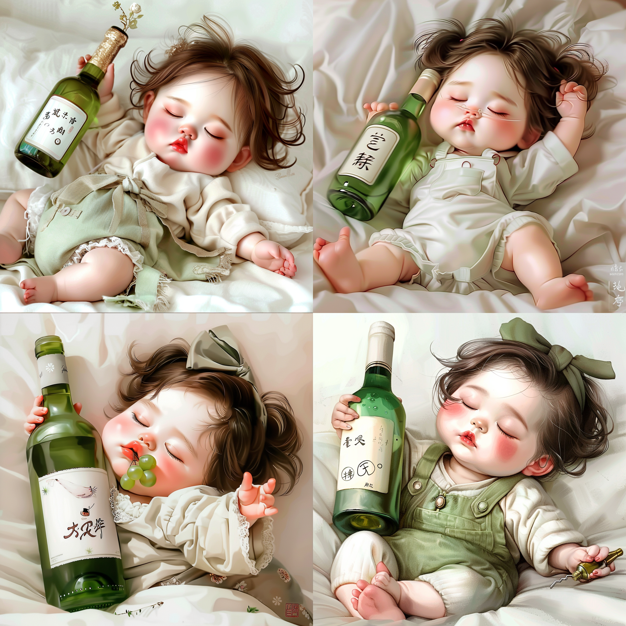 a baby holding a bottle of wine and a bottle of wine in its mouth, while laying on a bed, cute, a fine art painting, adrian zingg, art photography