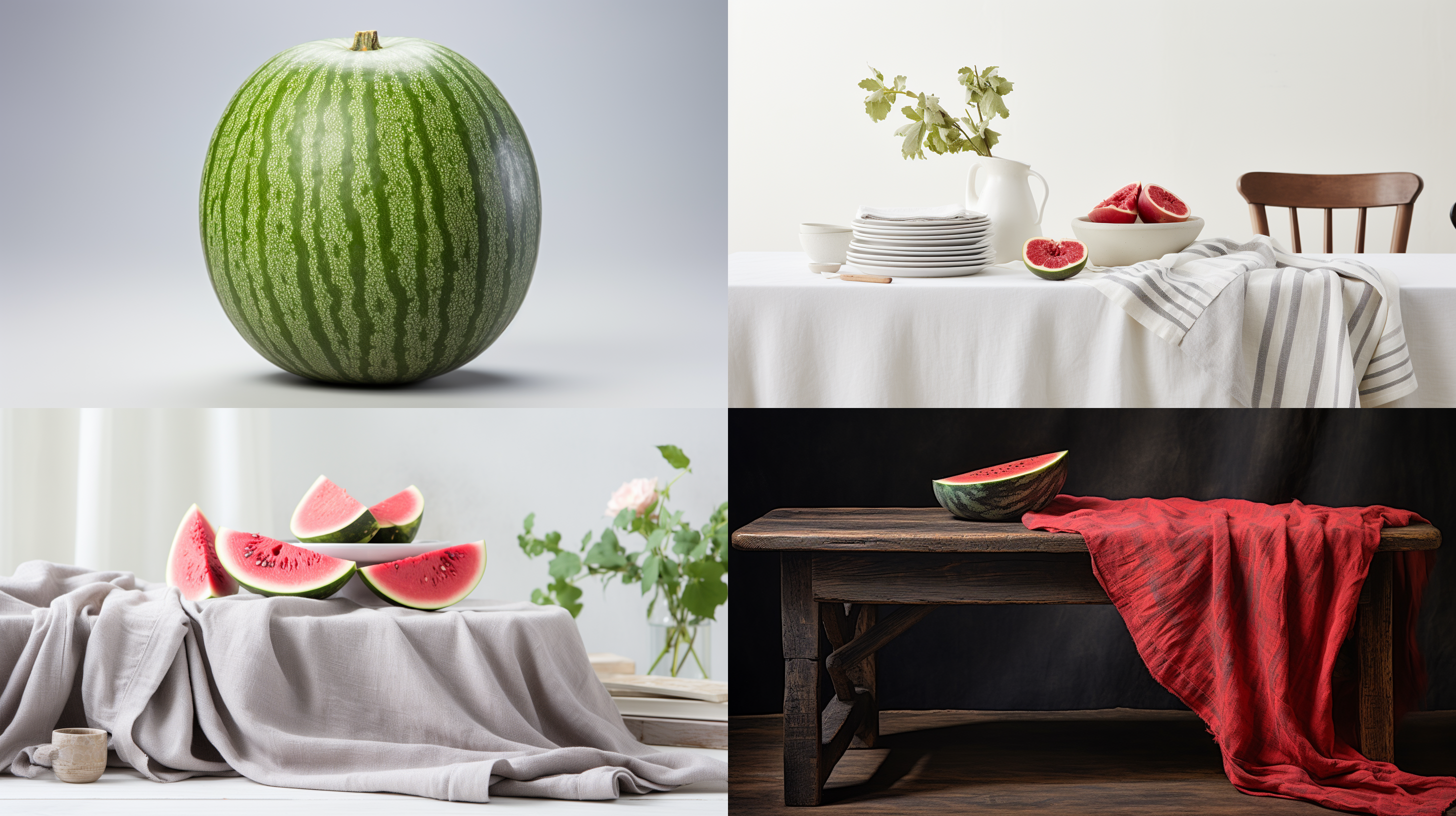 西瓜在白色桌面上，灰布环境，明亮自然光，特写镜头，清晰细节，生动色彩，新鲜，水果，清凉，夏日氛围。