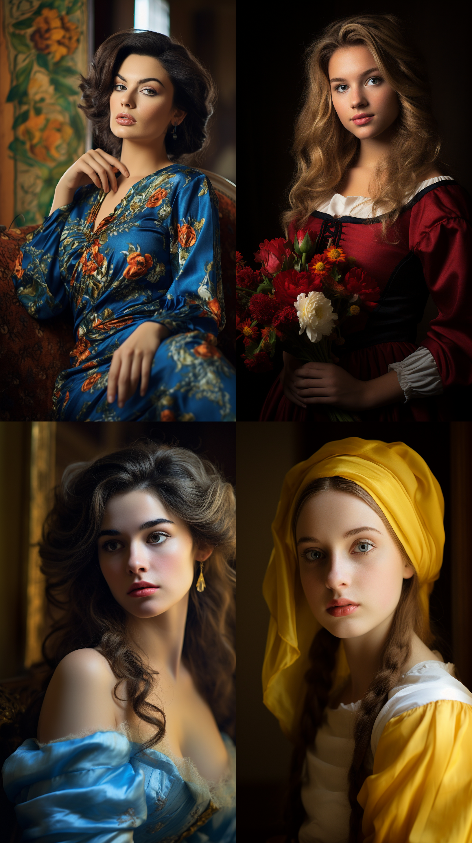 室内拍摄，明亮色调，模特穿着古典服装，侧面肖像，柔和光线，中焦镜头，端庄表情，优雅动作，传统元素，油画效果，温暖情感