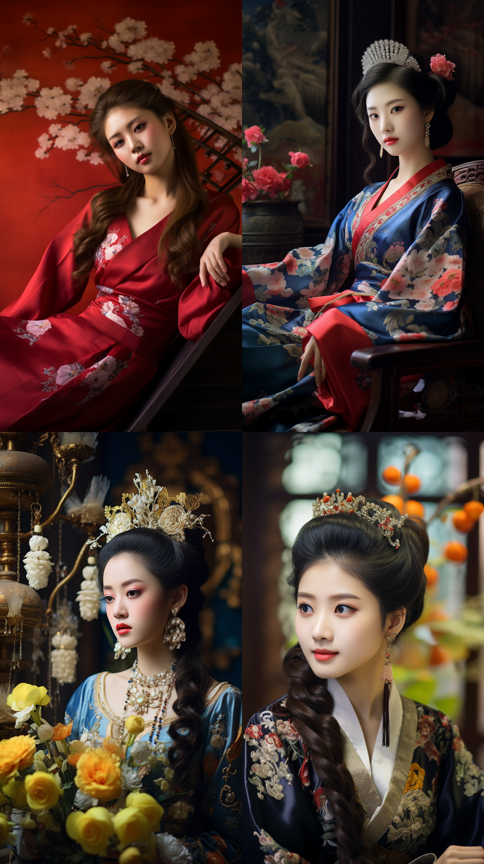 室内拍摄，明亮色调，中国模特穿着古典服装，侧面肖像，柔和光线，中焦镜头，端庄表情，优雅动作，传统元素，油画效果，温暖情感