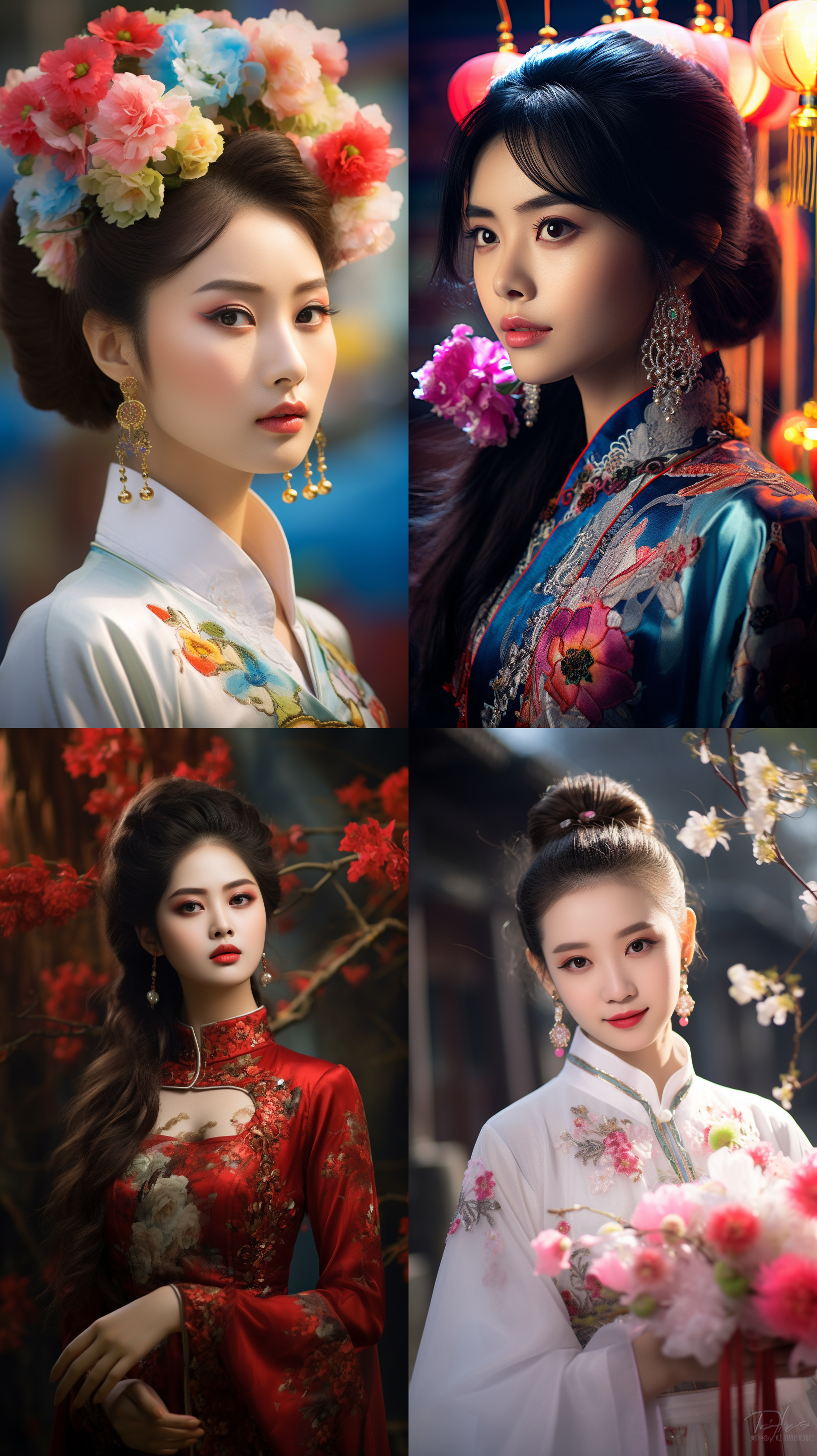 室外拍摄，明亮色调，中国模特穿着古典服装，侧面肖像，柔和光线，中焦镜头，端庄表情，优雅动作，传统元素，油画效果，温暖情感