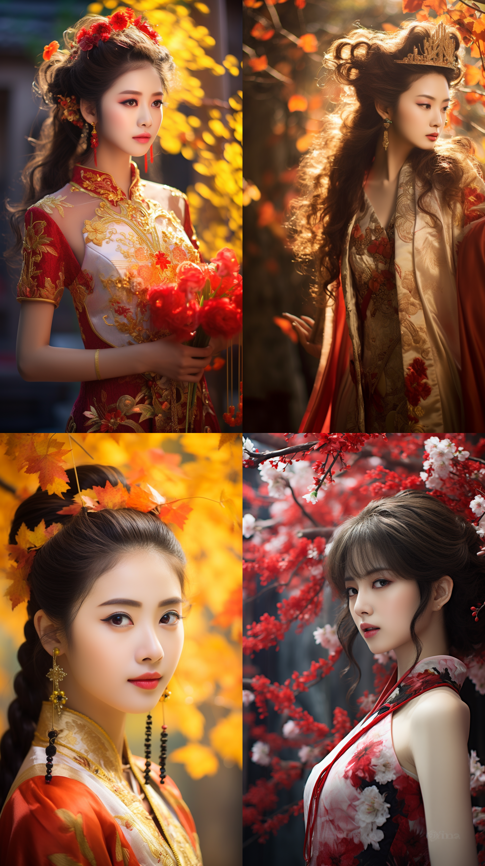 室外拍摄，明亮色调，中国模特穿着古典服装，侧面肖像，柔和光线，中焦镜头，端庄表情，优雅动作，传统元素，油画效果，温暖情感