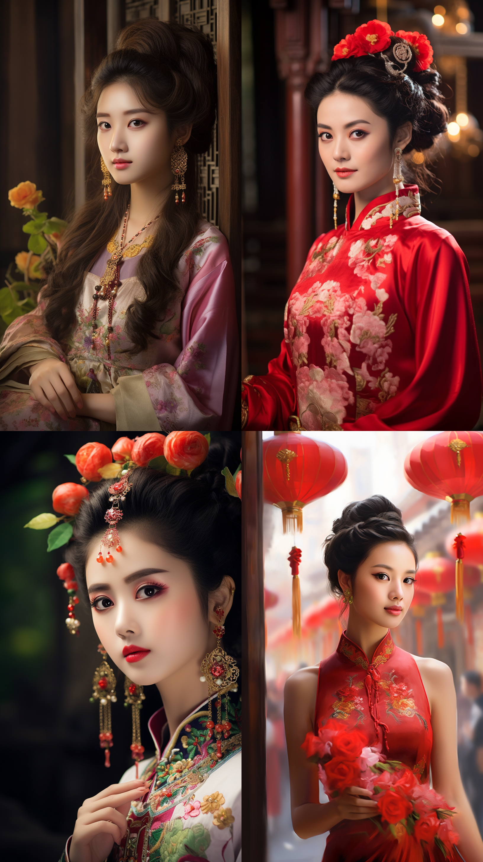 室外拍摄，明亮色调，中国模特穿着古典服装，侧面肖像，柔和光线，中焦镜头，端庄表情，优雅动作，传统元素，油画效果，温暖情感
