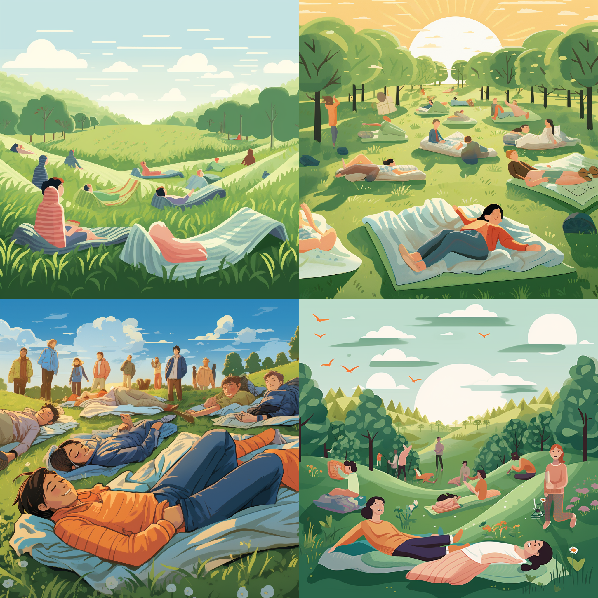 清晨草地上，男女们摊开毯子享受健康睡眠。阳光明媚，自然环境中的轻松愉悦。他们以柔和色调为背景，微笑的面容展现放松的睡姿。2024年世界睡眠日海报，广角镜头捕捉静态场景，自然光线照亮每个人。