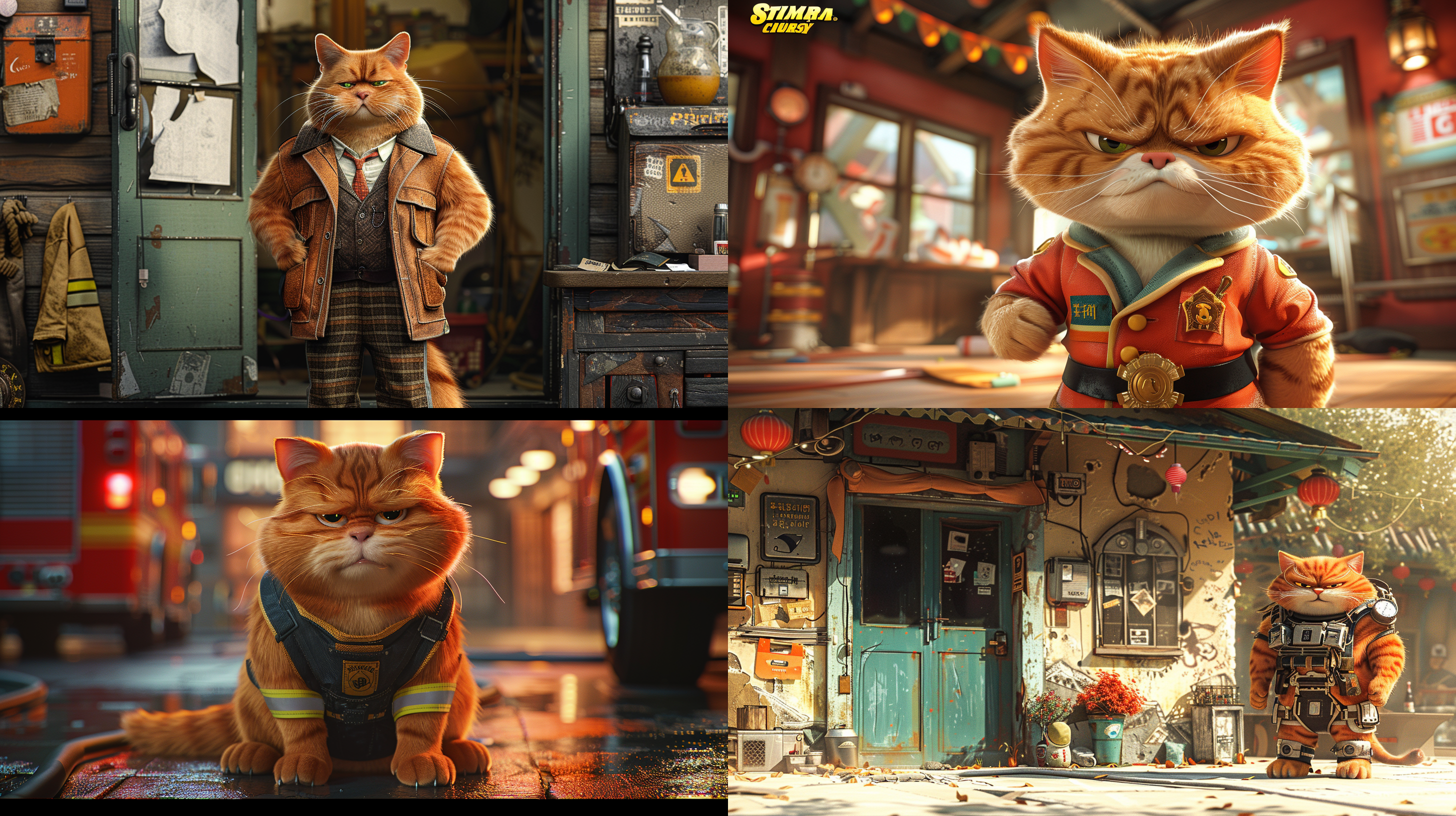 消防局大门外，橘猫穿着消防服，全身照，漫画形象，3d效果，电影画质，明亮照明，站立姿态，警惕表情，橙色主题，细节丰富。 动画艺术 废弃城市群 废墟 全身