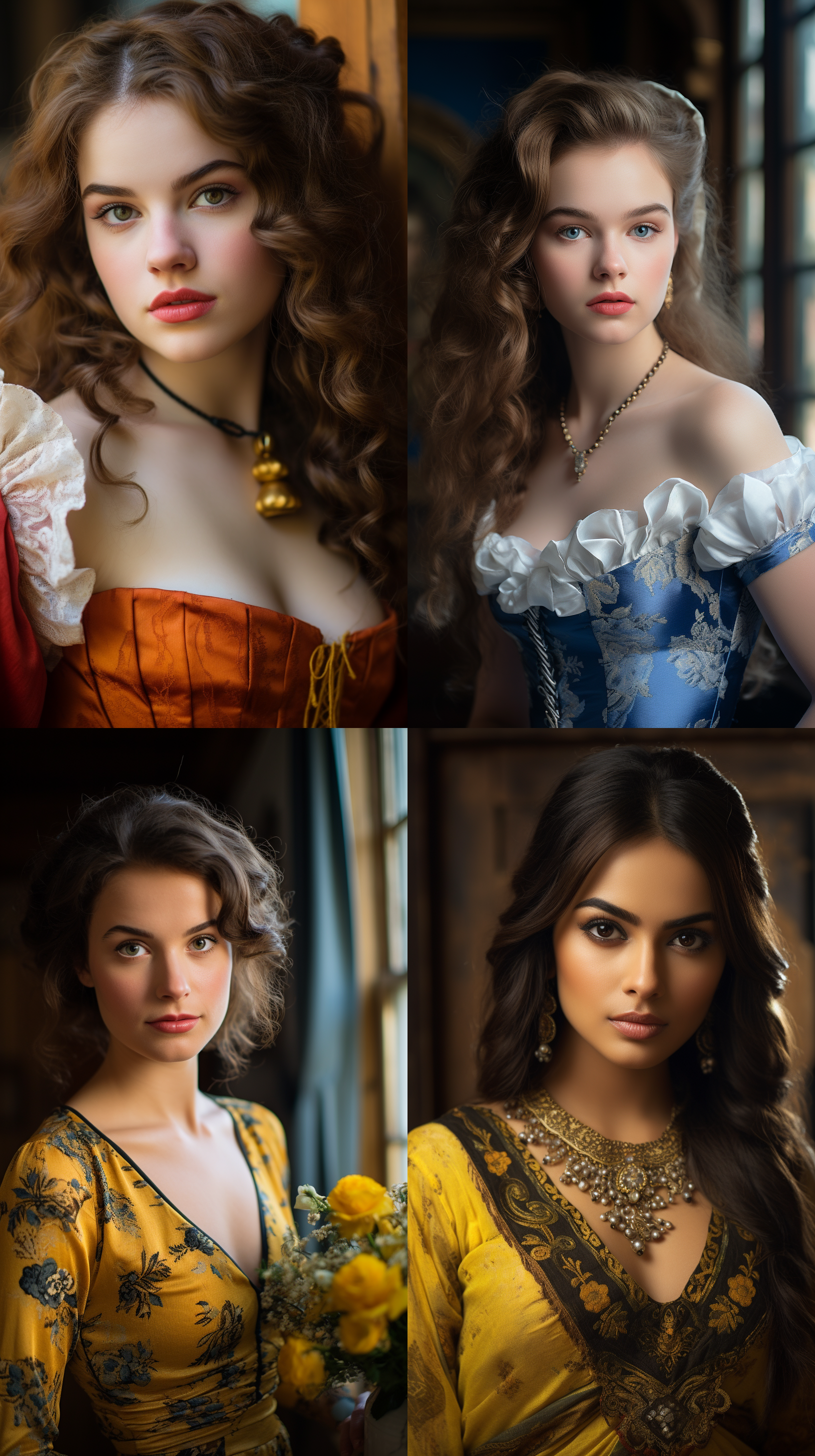 室内拍摄，明亮色调，模特穿着古典服装，侧面肖像，柔和光线，中焦镜头，端庄表情，优雅动作，传统元素，油画效果，温暖情感