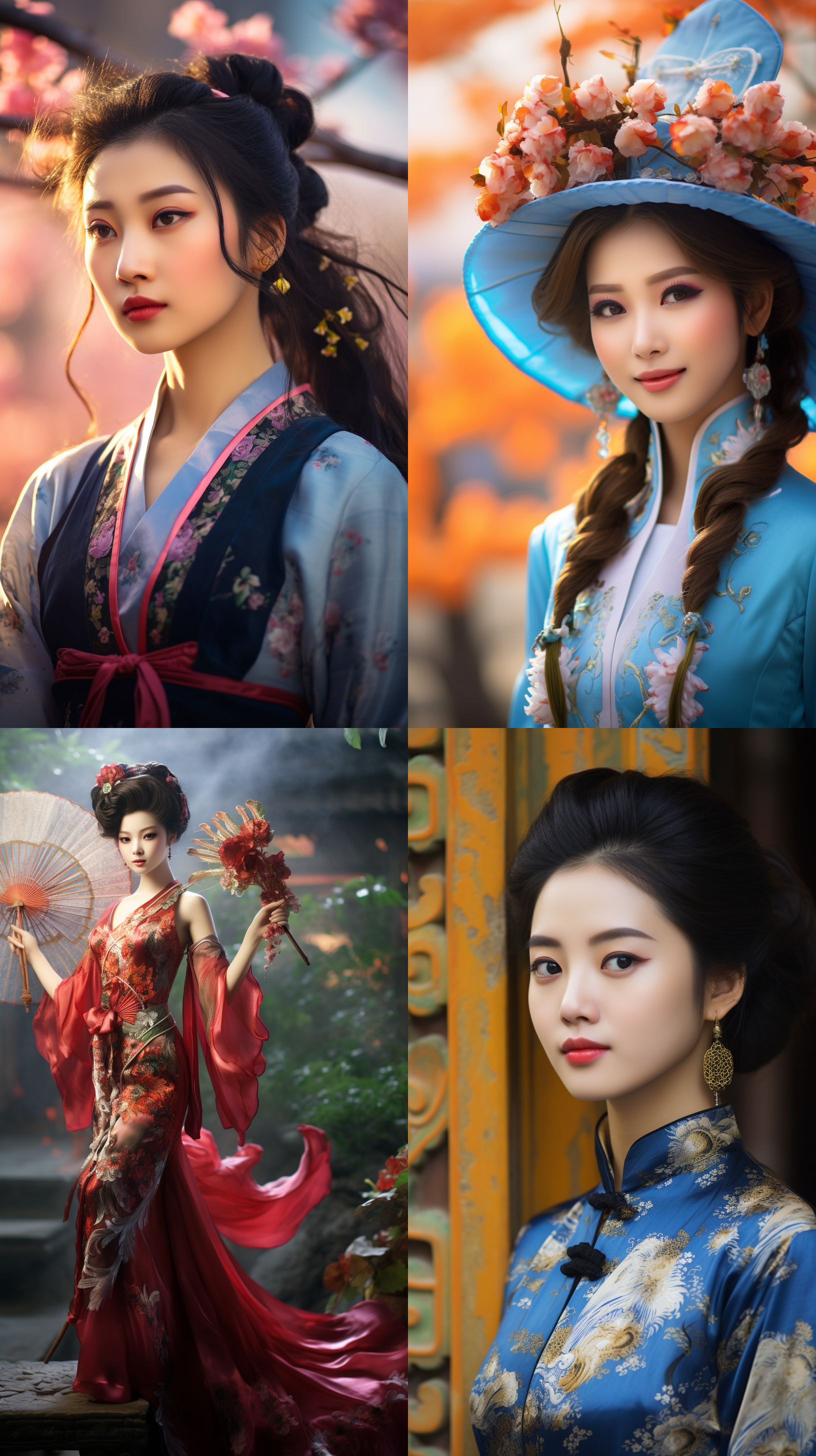 室外拍摄，明亮色调，中国模特穿着古典服装，侧面肖像，柔和光线，中焦镜头，端庄表情，优雅动作，传统元素，油画效果，温暖情感