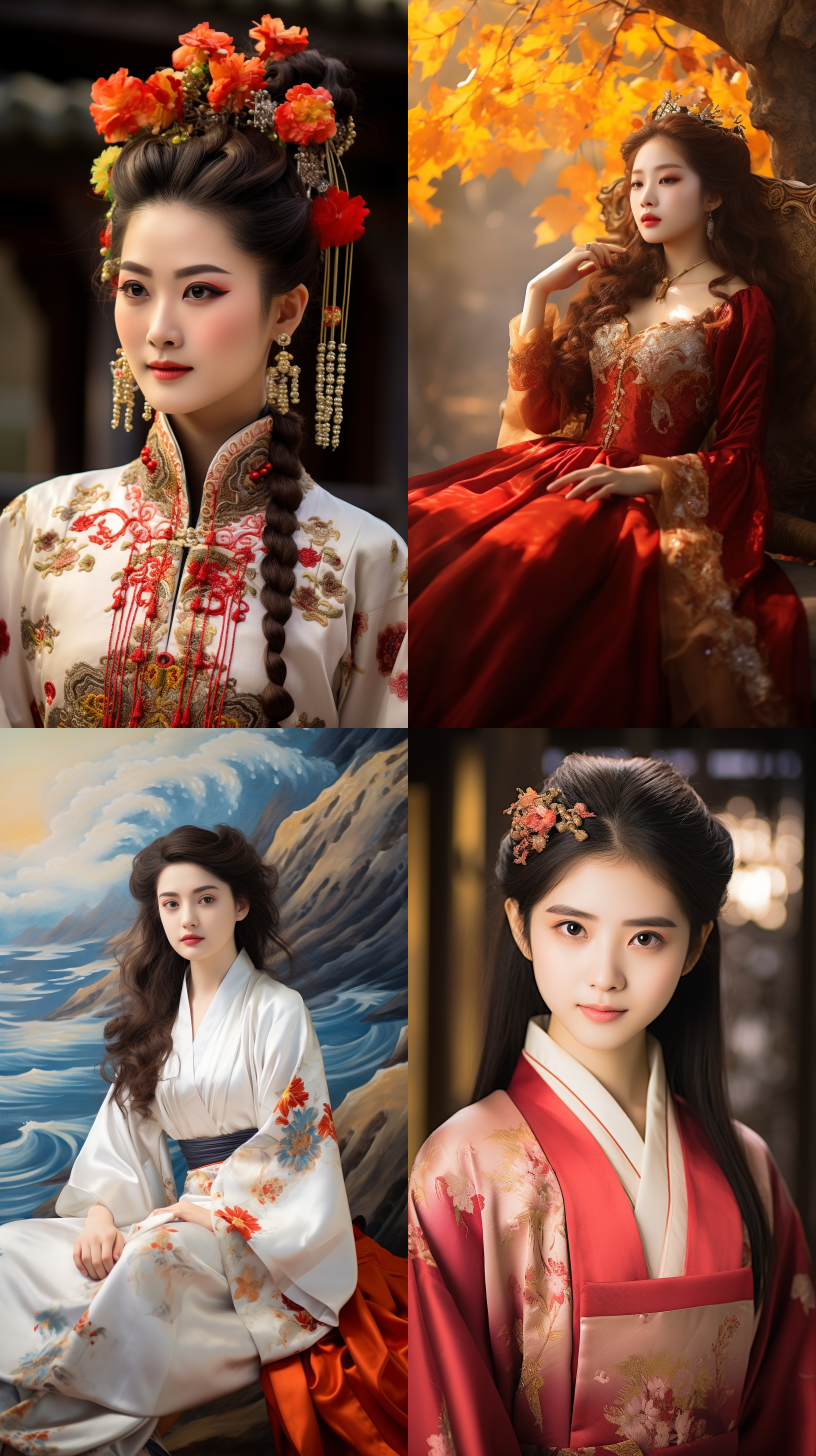 室外拍摄，明亮色调，中国模特穿着古典服装，侧面肖像，柔和光线，中焦镜头，端庄表情，优雅动作，传统元素，油画效果，温暖情感