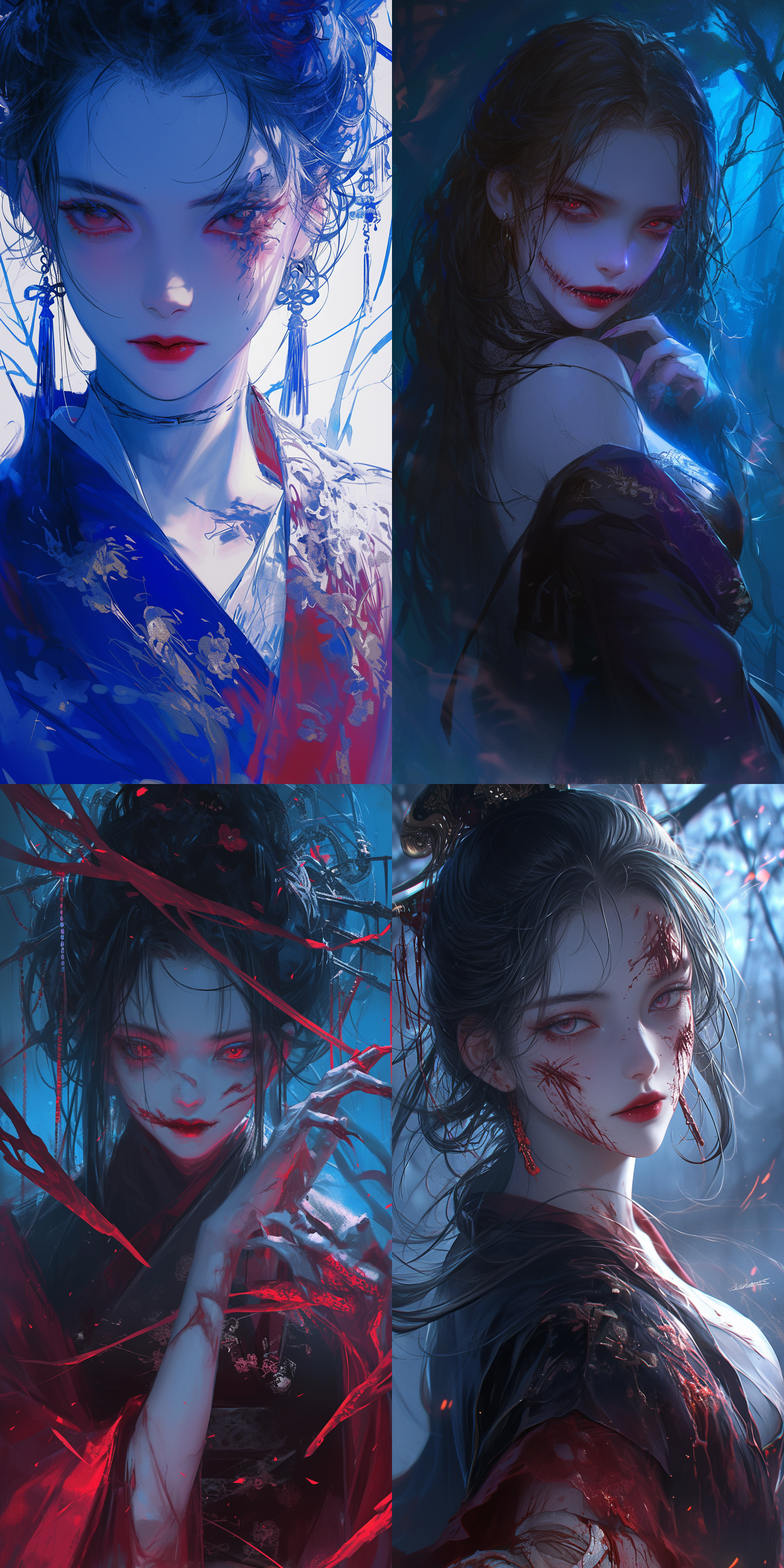 中国美女僵尸，夜晚森林，华丽服装，微笑甜美，红色嘴唇，恐怖风格，蓝色调，特写镜头，逆光，缓慢移动，神秘，矛盾情感。