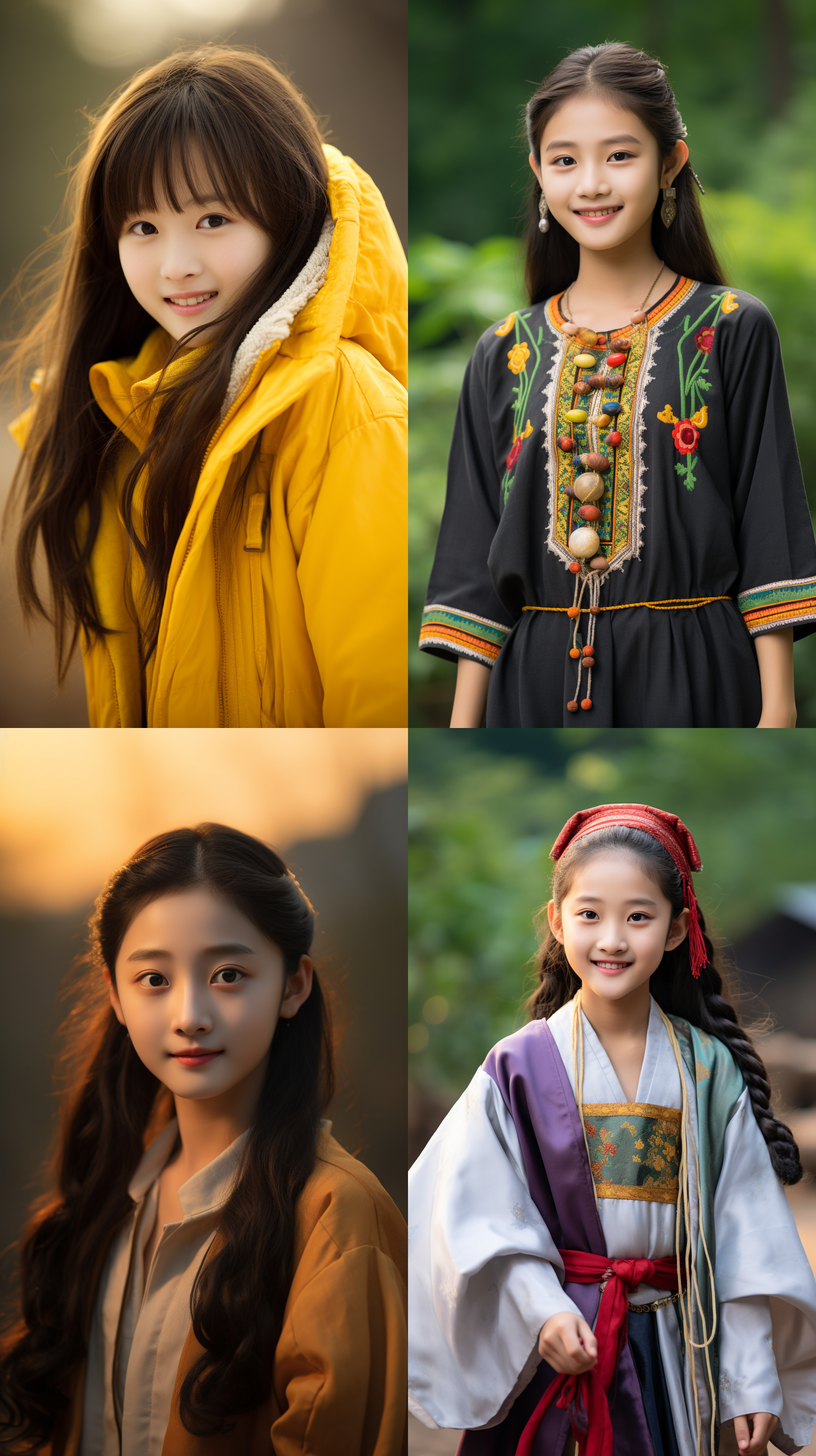 12岁中国女孩，明亮色调，肖像镜头，明亮光线，自然表情，室外环境，柔和色彩，微笑，清晰焦距。
