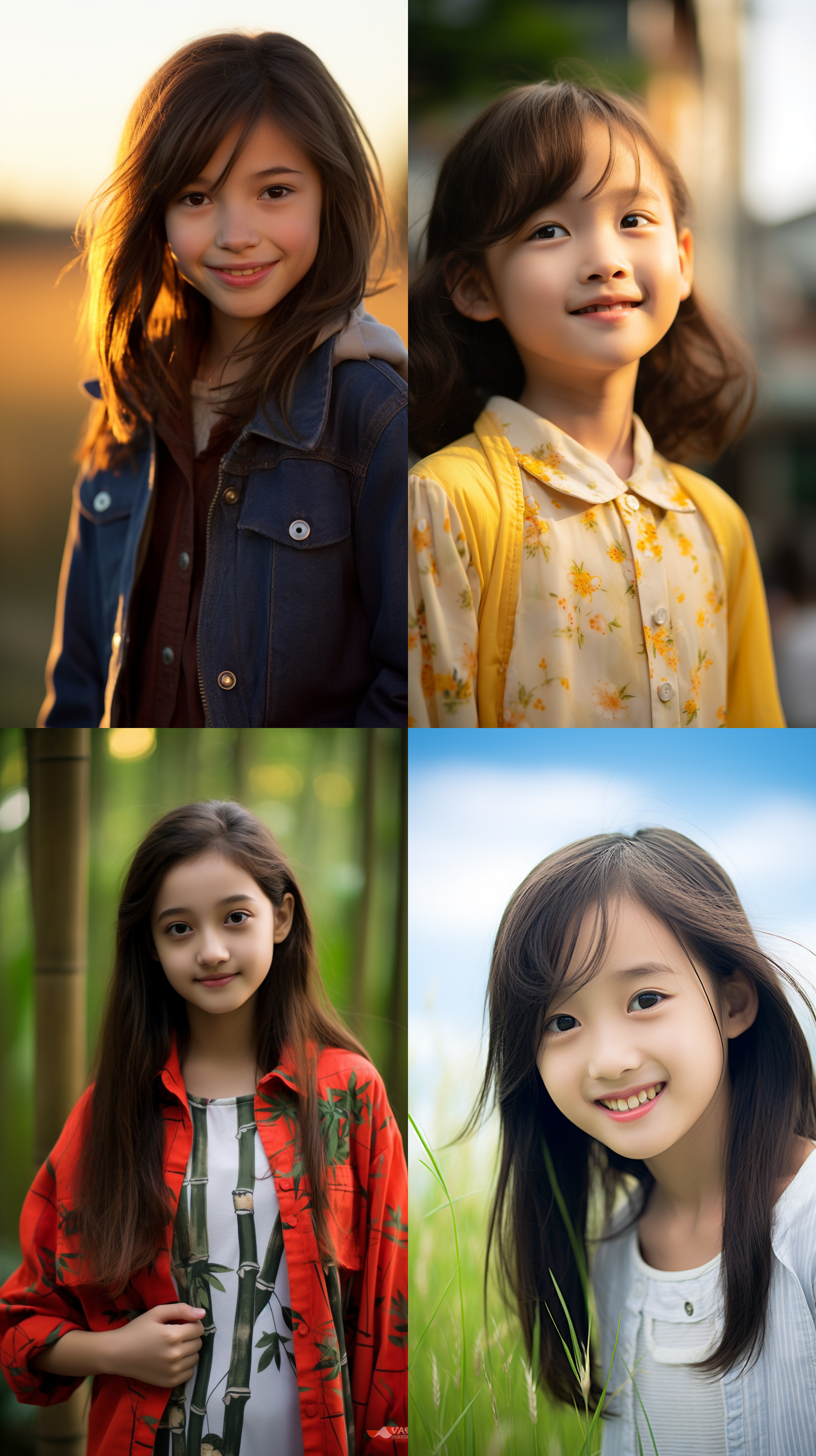 12岁中国女孩，明亮肖像，柔和光线，户外草地，自然风格，微笑，明亮色调，中焦镜头，清晰焦点，温馨，活泼。