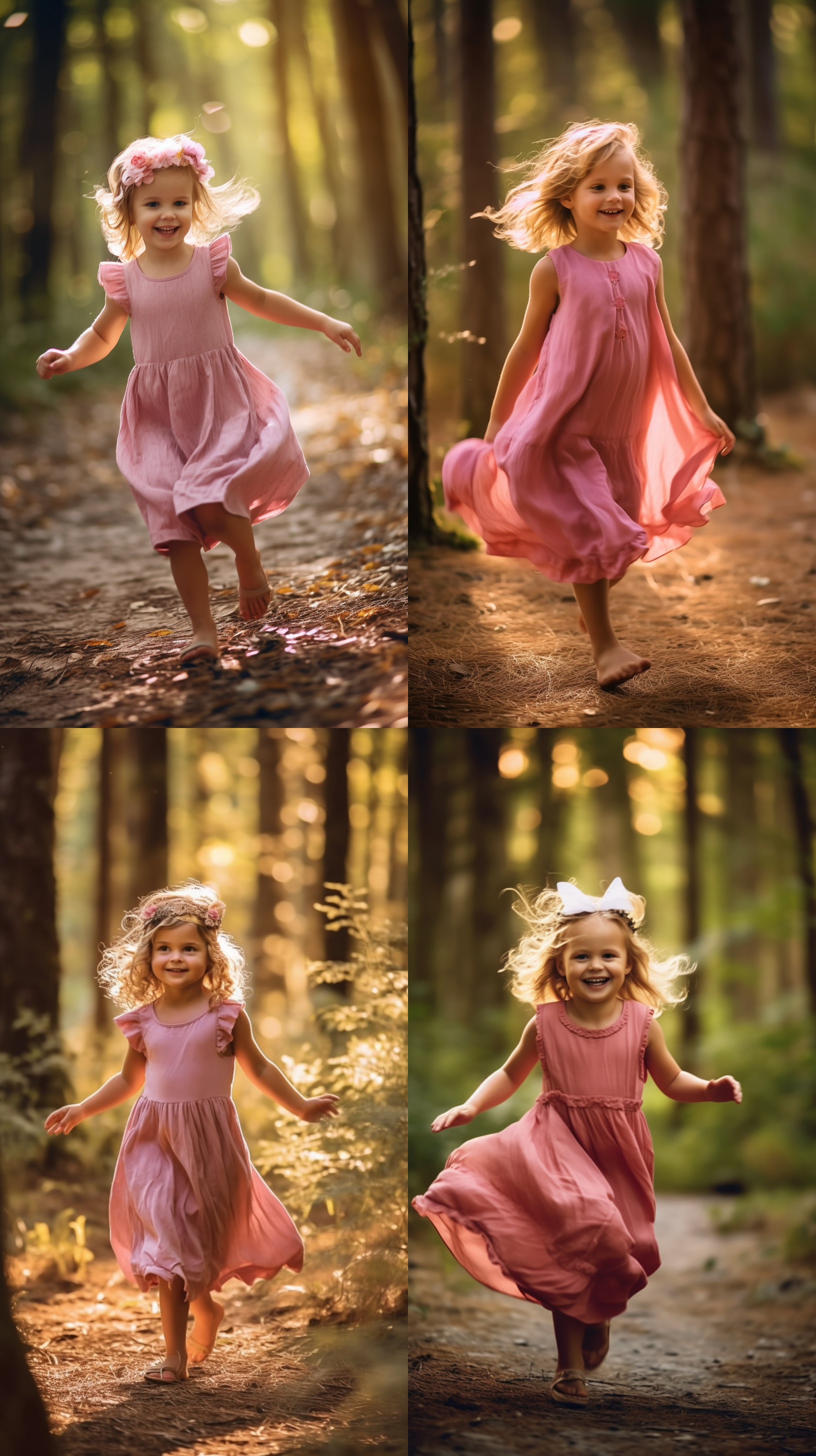 小女孩在森林中探险，穿着粉色连衣裙，发带在风中飘动，笑容灿烂。自然光线，柔和环境，中景构图，暖色调，清晰焦距，自然动作，快门速度适中，童趣，快乐。