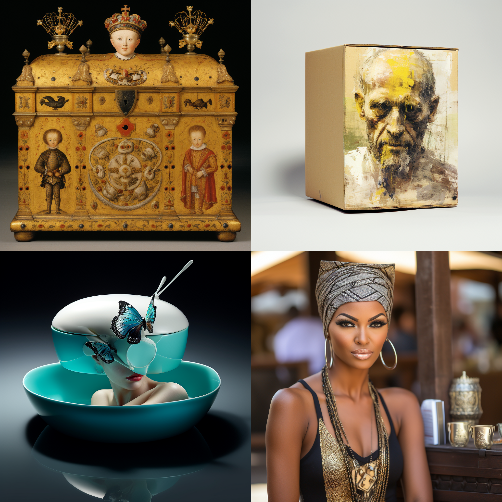 精美盒子，盒子表面为人像图片，白色桌面，白布