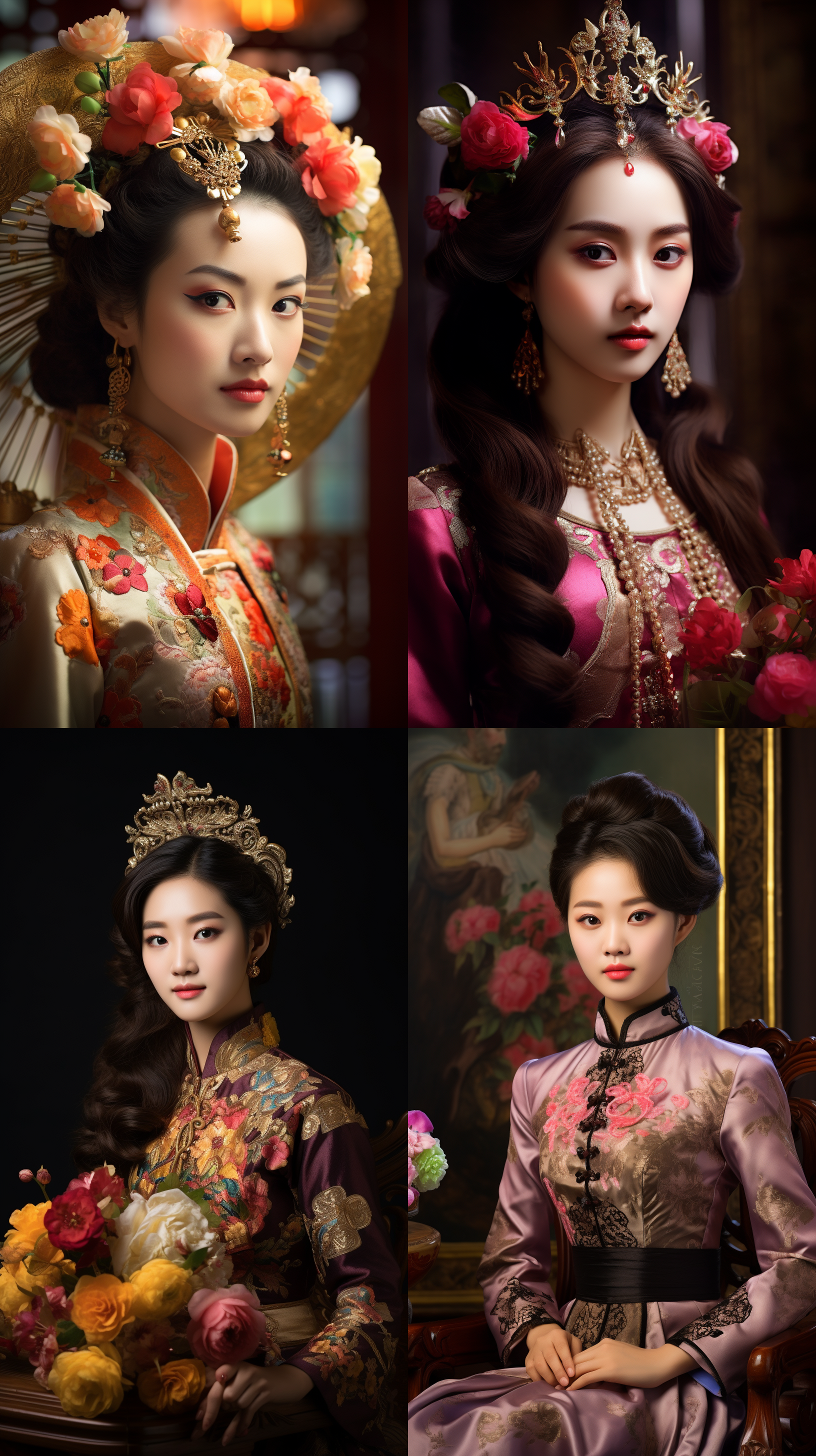 室内拍摄，明亮色调，中国模特穿着古典服装，侧面肖像，柔和光线，中焦镜头，端庄表情，优雅动作，传统元素，油画效果，温暖情感