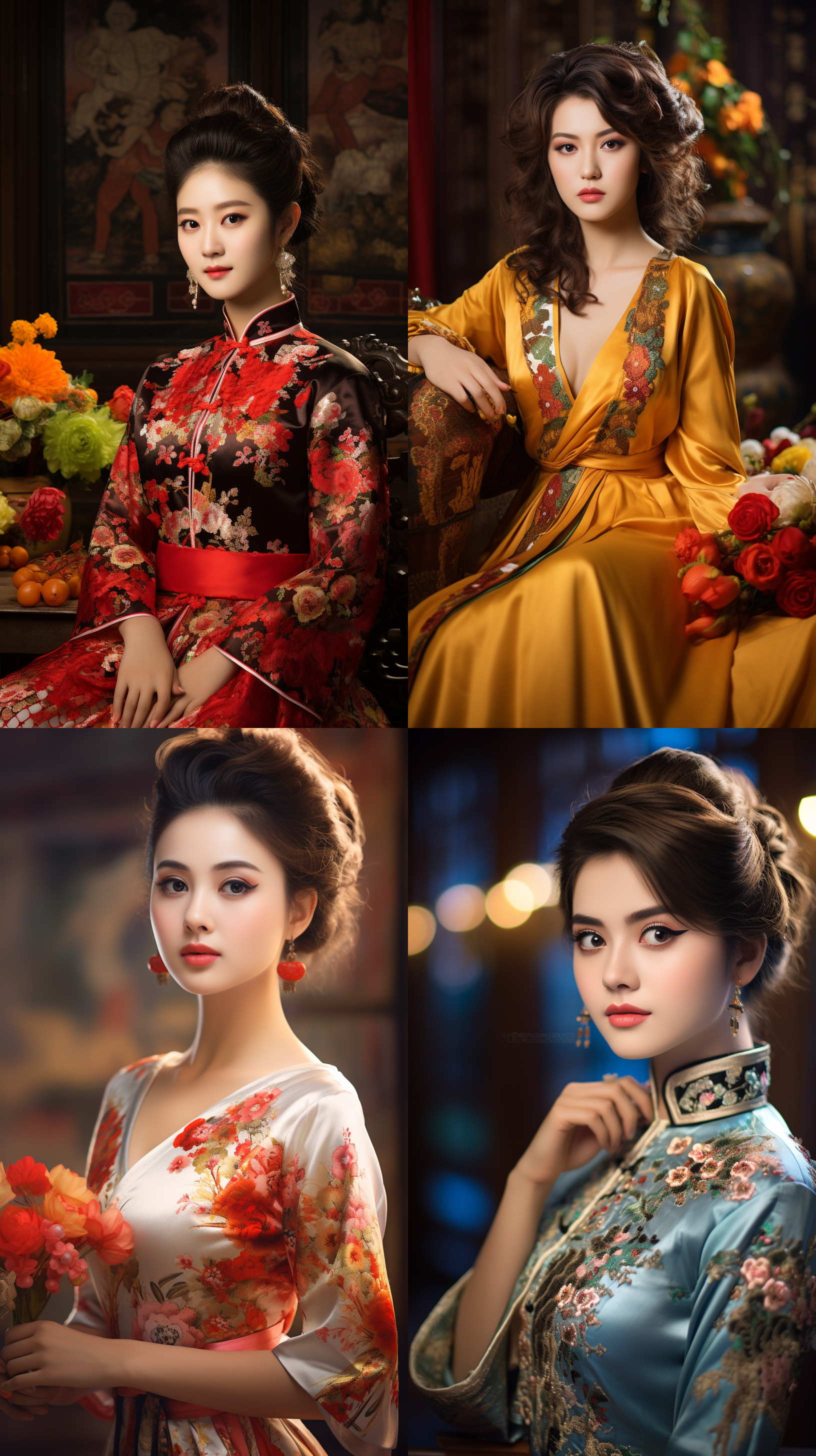 室内拍摄，明亮色调，中国模特穿着古典服装，侧面肖像，柔和光线，中焦镜头，端庄表情，优雅动作，传统元素，油画效果，温暖情感