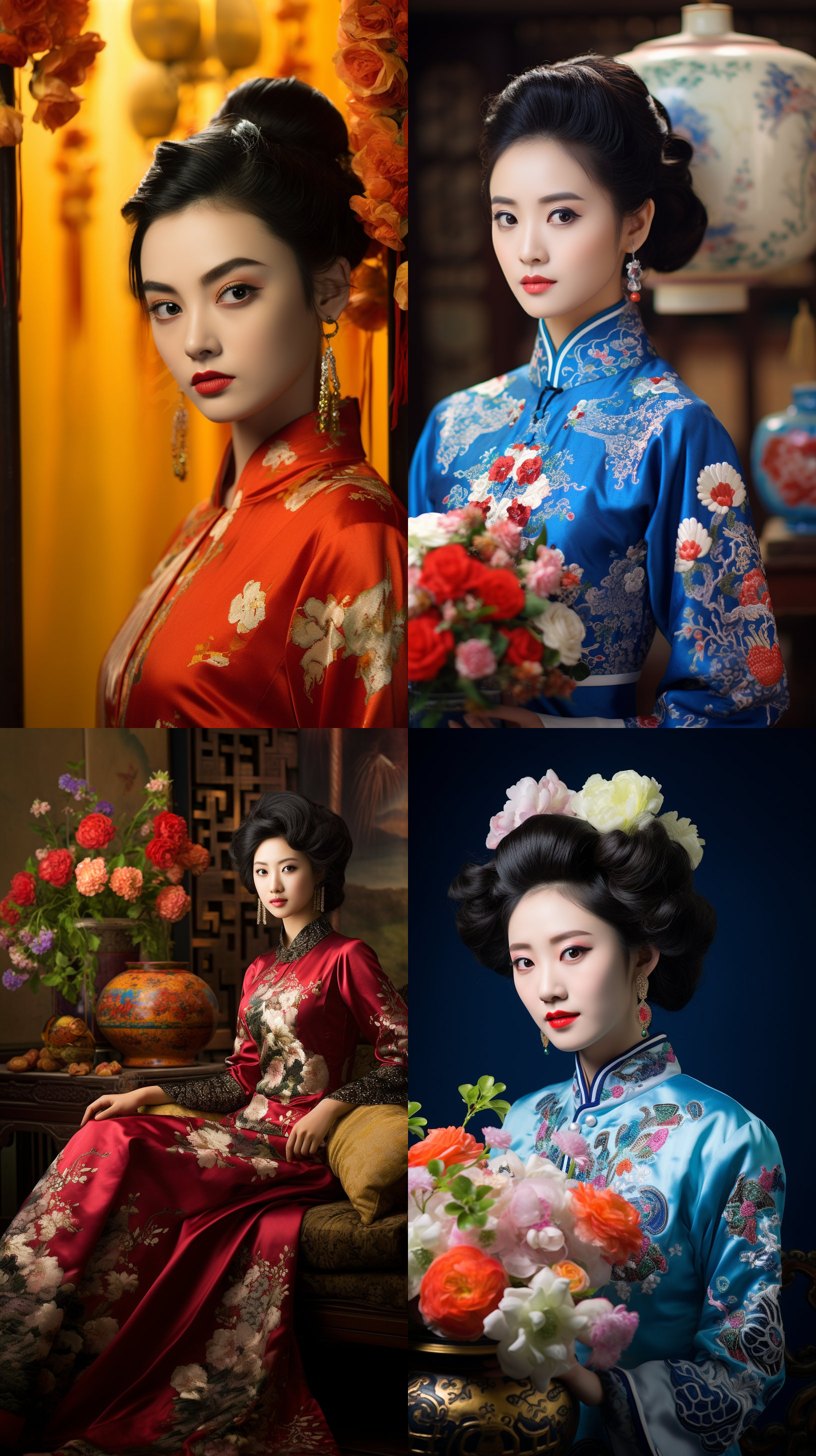 室内拍摄，明亮色调，中国模特穿着古典服装，侧面肖像，柔和光线，中焦镜头，端庄表情，优雅动作，传统元素，油画效果，温暖情感