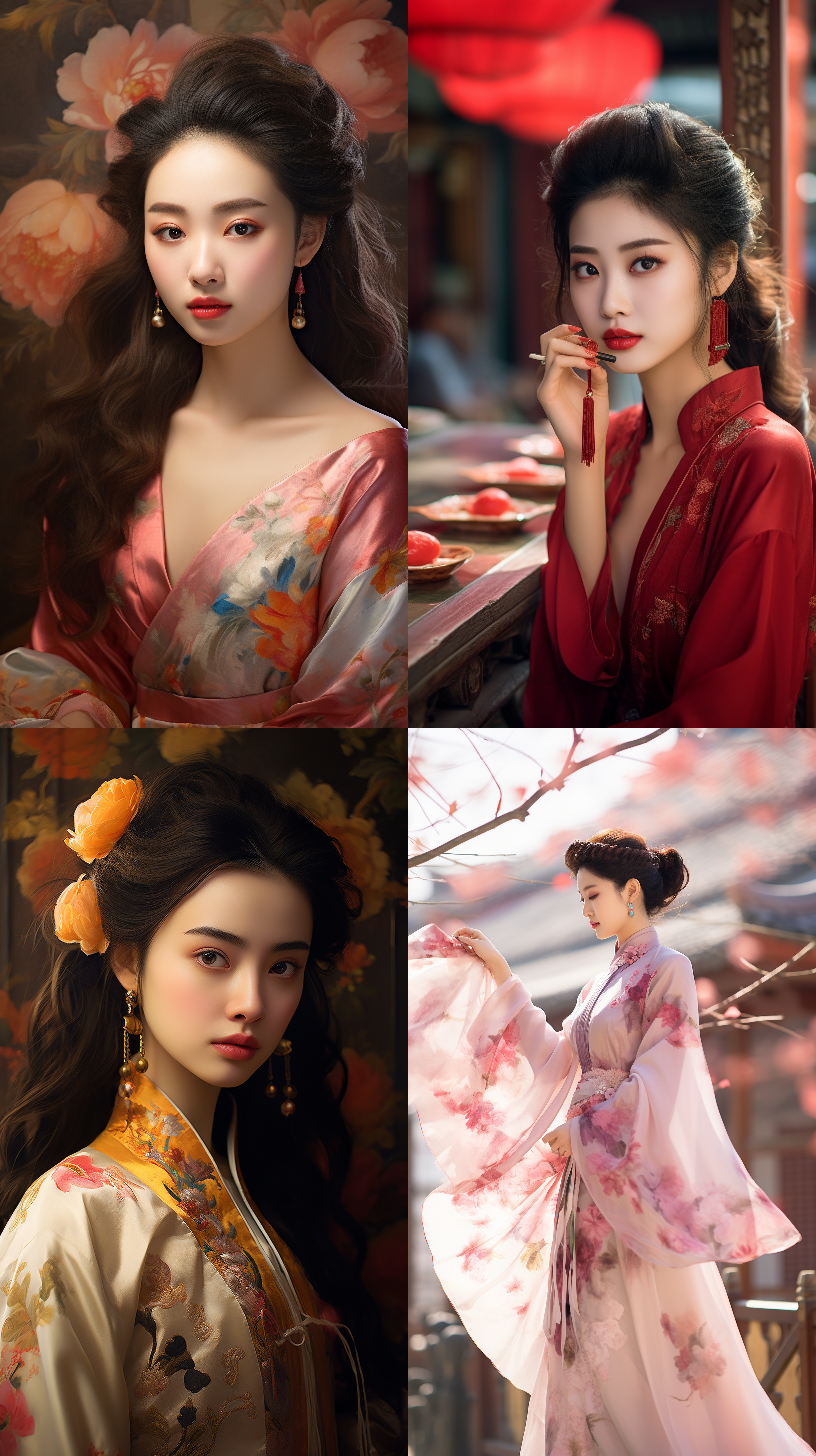 室外拍摄，明亮色调，中国模特穿着古典服装，侧面肖像，柔和光线，中焦镜头，端庄表情，优雅动作，传统元素，油画效果，温暖情感