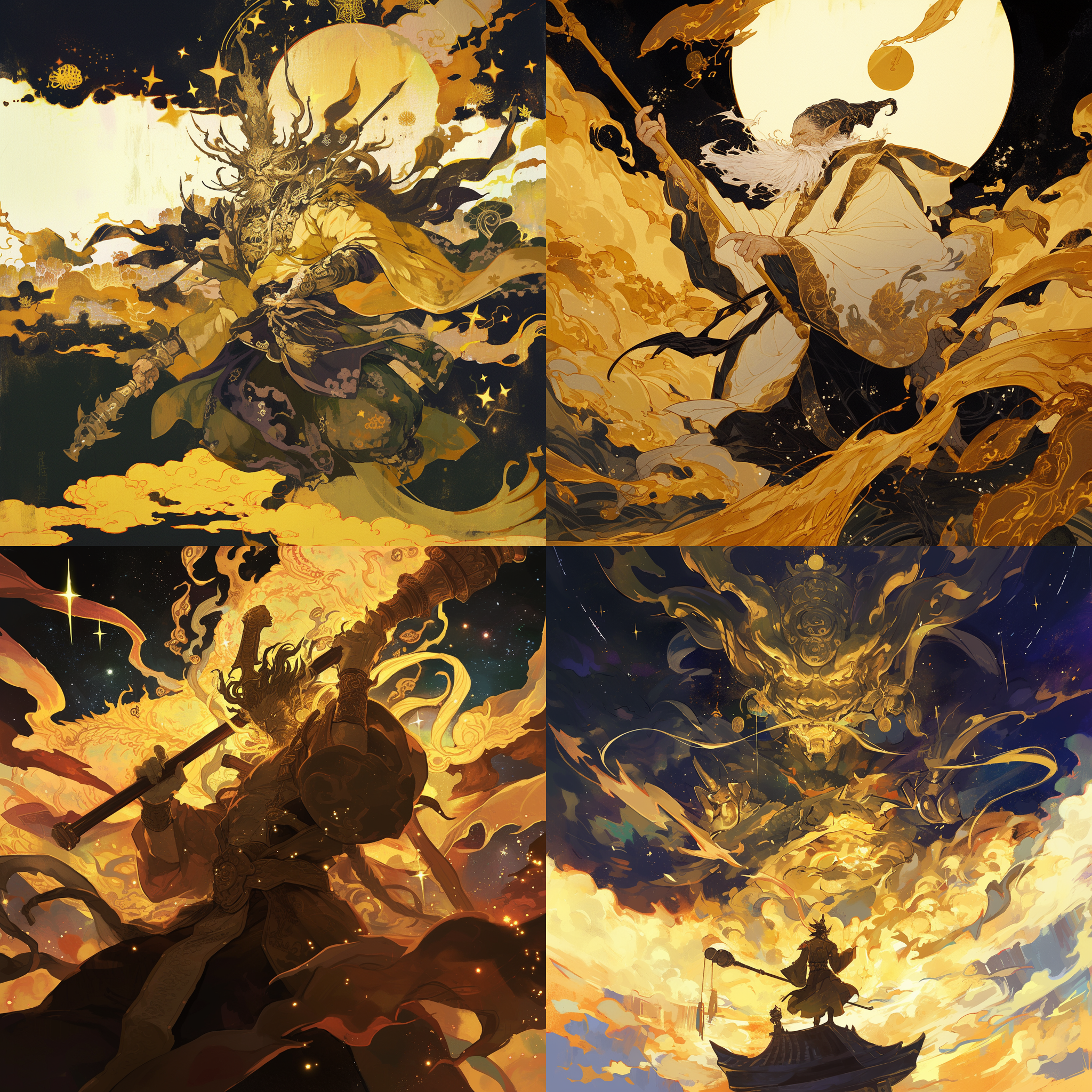 大圣挥金箍棒，混沌中国风，星辰漫天，黑暗，魍魉，突然出现，挥舞，唤醒，神秘色调，高对比度，动作捕捉，表现主题，振奋情绪。