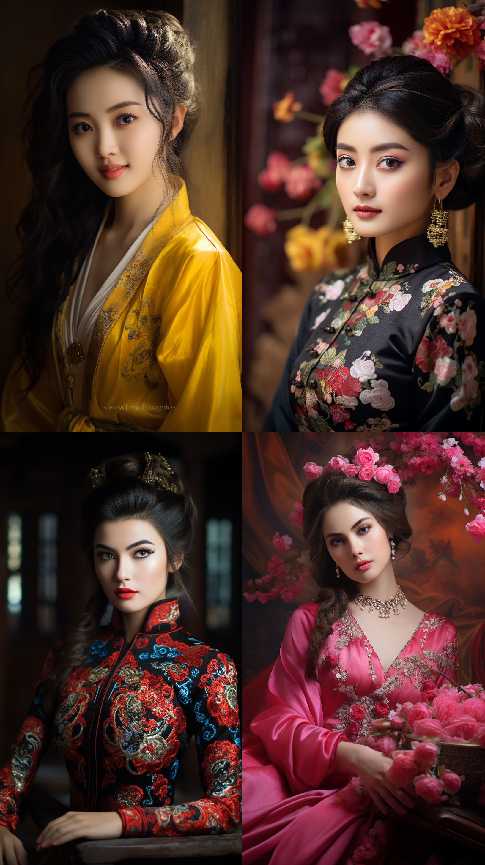 室内拍摄，明亮色调，中国模特穿着古典服装，侧面肖像，柔和光线，中焦镜头，端庄表情，优雅动作，传统元素，油画效果，温暖情感