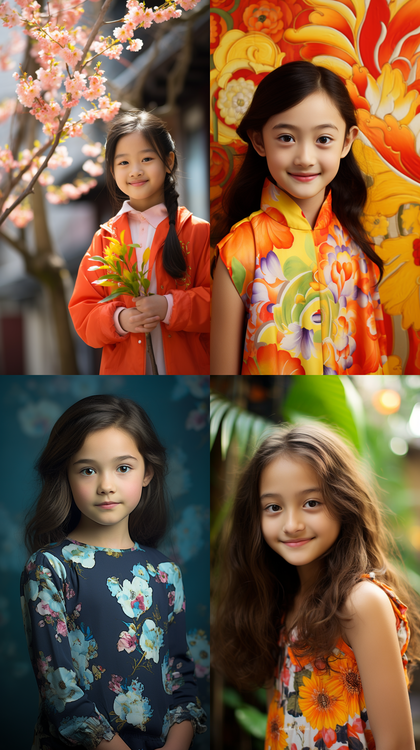 12岁中国少女，肖像镜头，明亮光线，明亮色调，微笑，花朵背景，自然风格，柔和，自然表情，温馨，纯真。