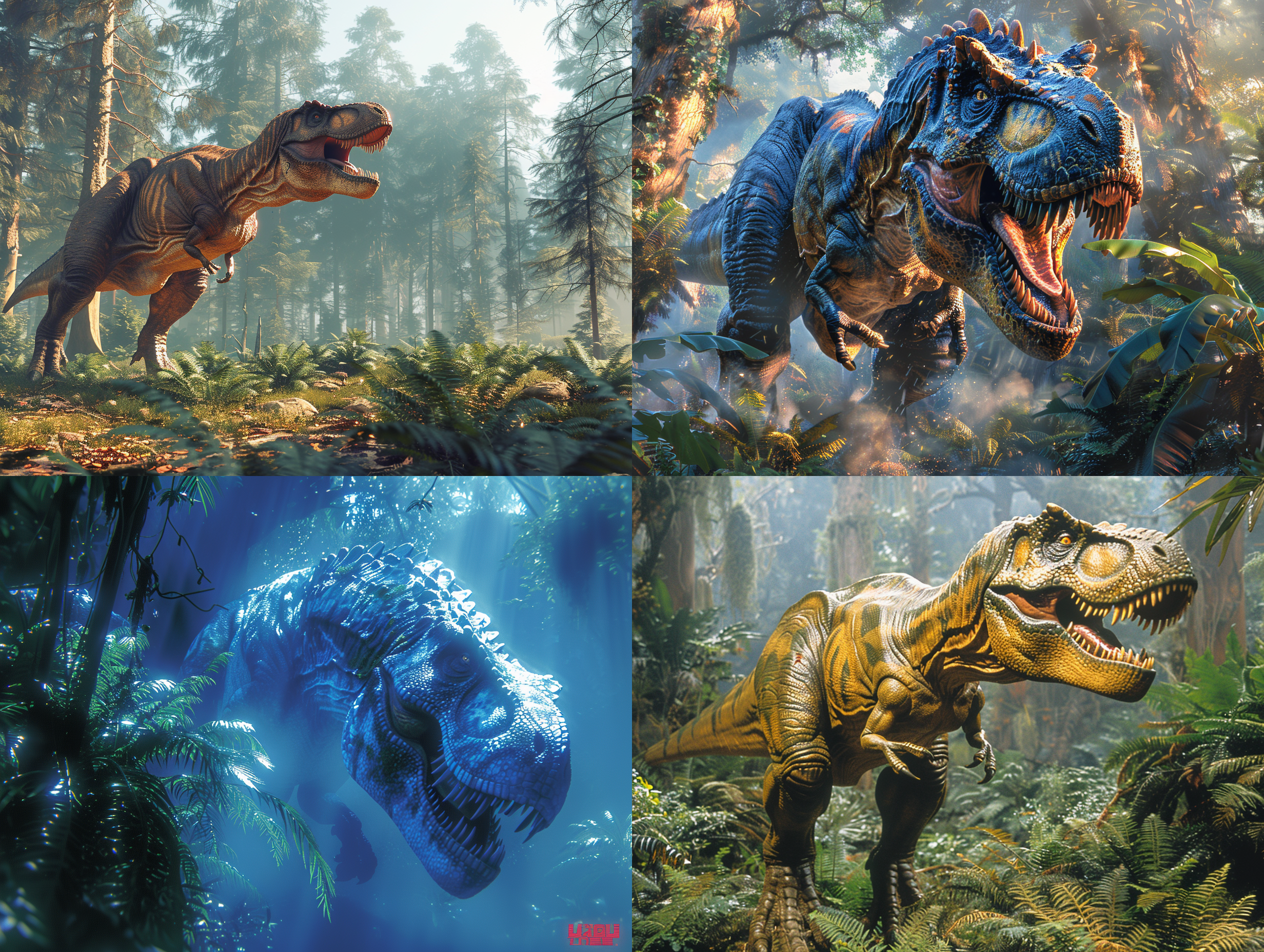 a majestic tyrannosaurus rex prowling through a misty prehistoric jungle, its scales gleaming in the dim light, with vibrant tropical plants surrounding it, large ferns and ancient trees towering overhead, shafts of light filtering through the canopy, casting dappled shadows on the forest floor, creating an atmosphere of mystery and danger, rendered in a painterly style reminiscent of wildlife illustrations by charles r. knight.