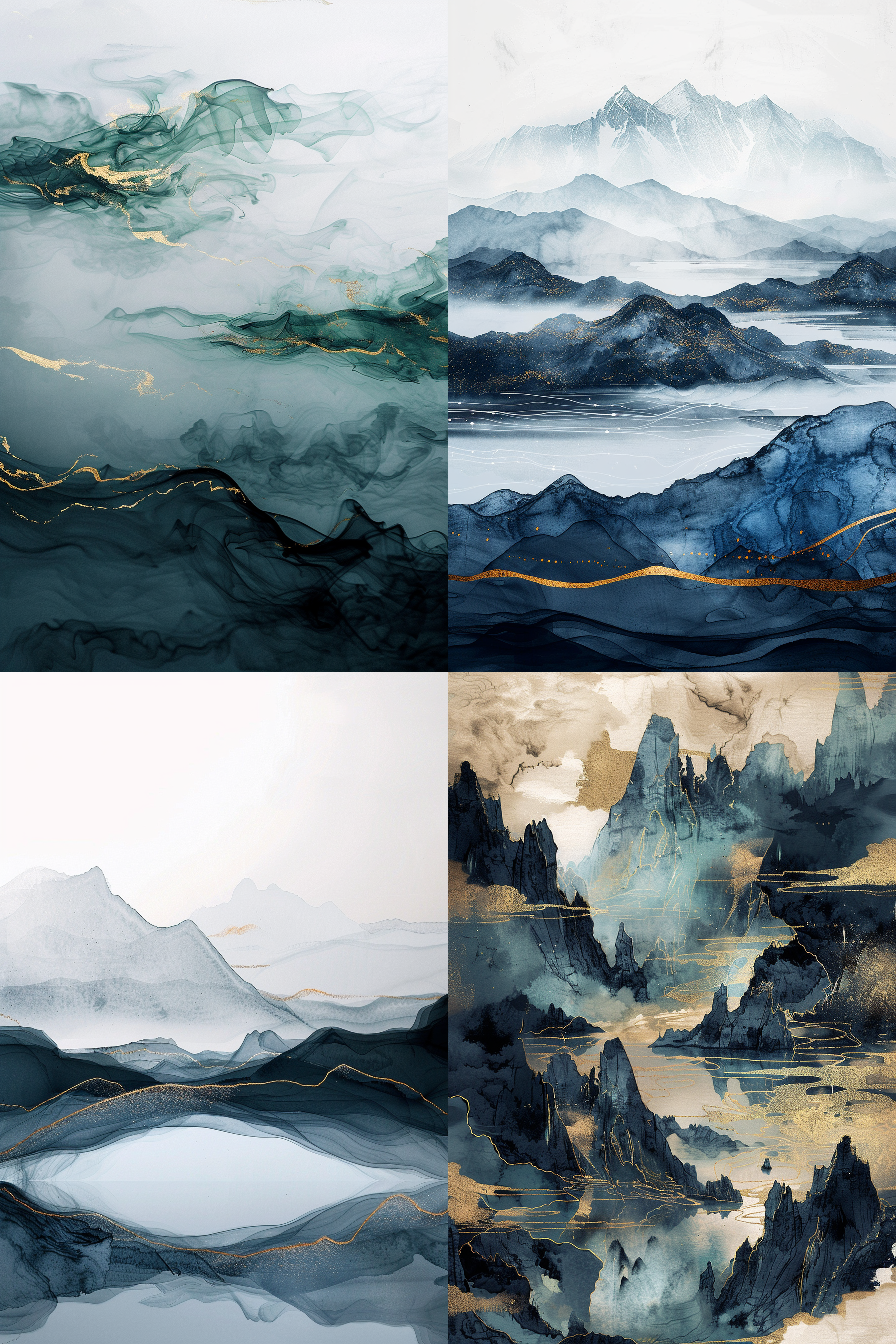 半透明荧光前景，薄雾飘动，水墨画风格，冷色调，极简主义，8k分辨率，细节清晰，黑线金丝，艺术海洋，大留白，山形隐现，古老故事，纯净天地。