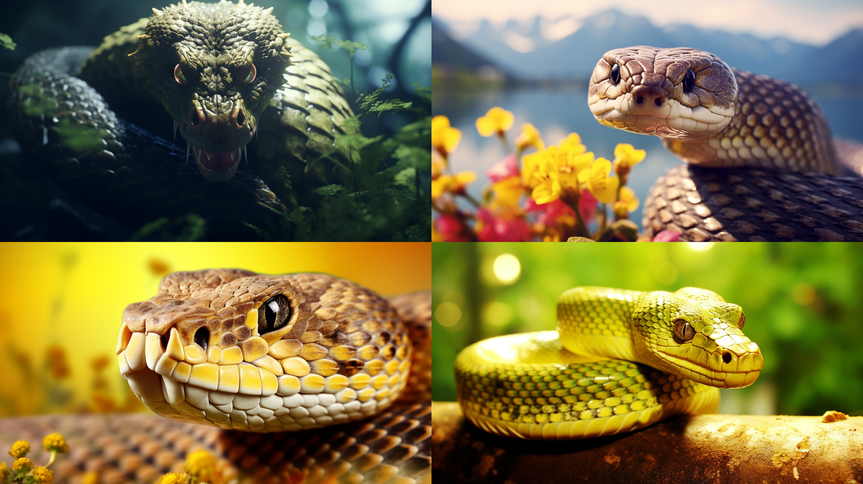 一条蛇在自然环境中，日落光线照耀下，呈现出明亮的画面。蛇身盘绕在树枝上，背景为绿色的丛林和山脉，创造出壮观的景象。蛇的鳞片闪烁着金黄色的光芒，眼神凝视着远方，显得神秘而威严。