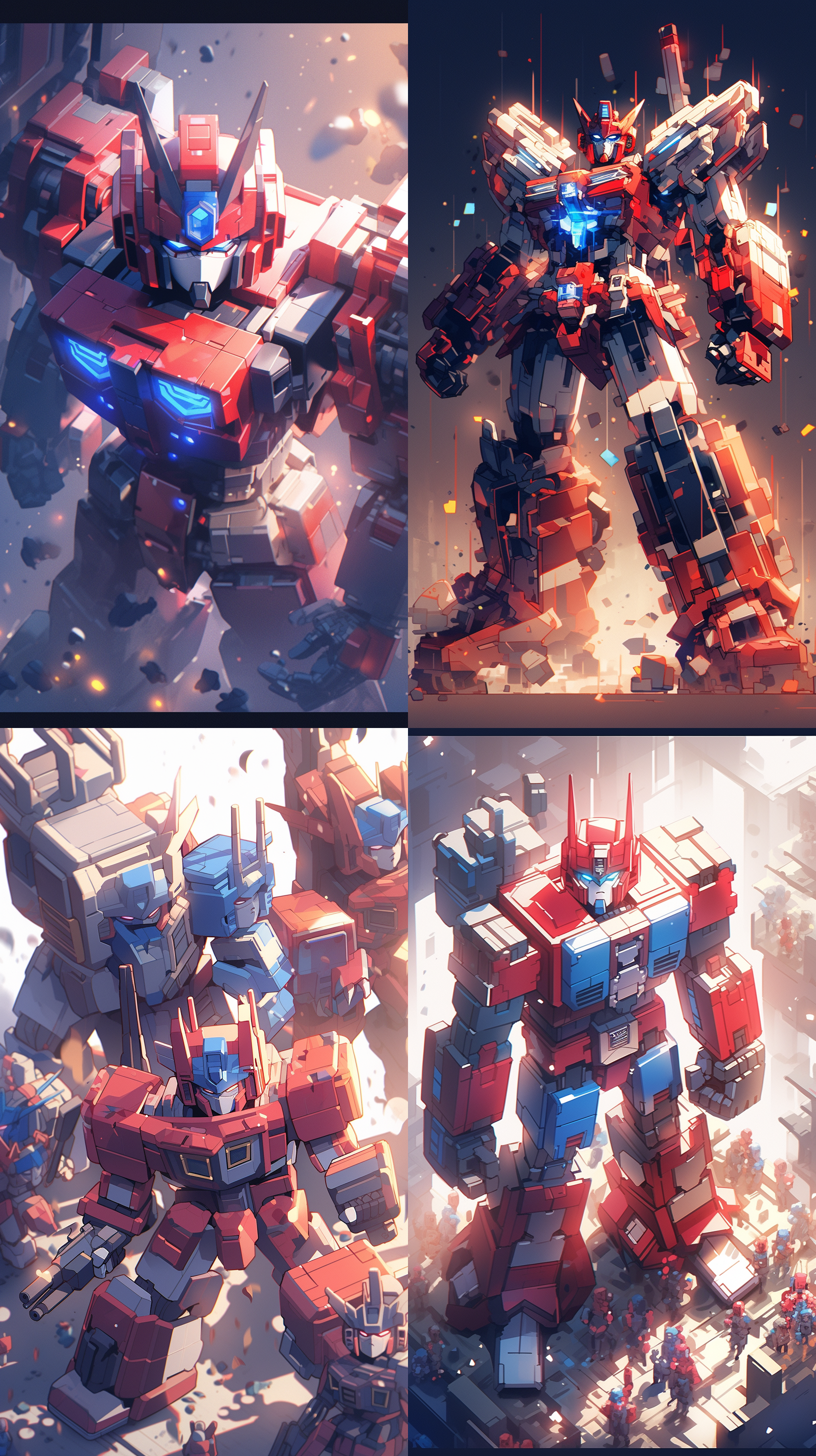 3d渲染，3d等距，变形金刚，全身，由乐高积木制成的，背景干净，摄影灯，红，黄，蓝，明暗法