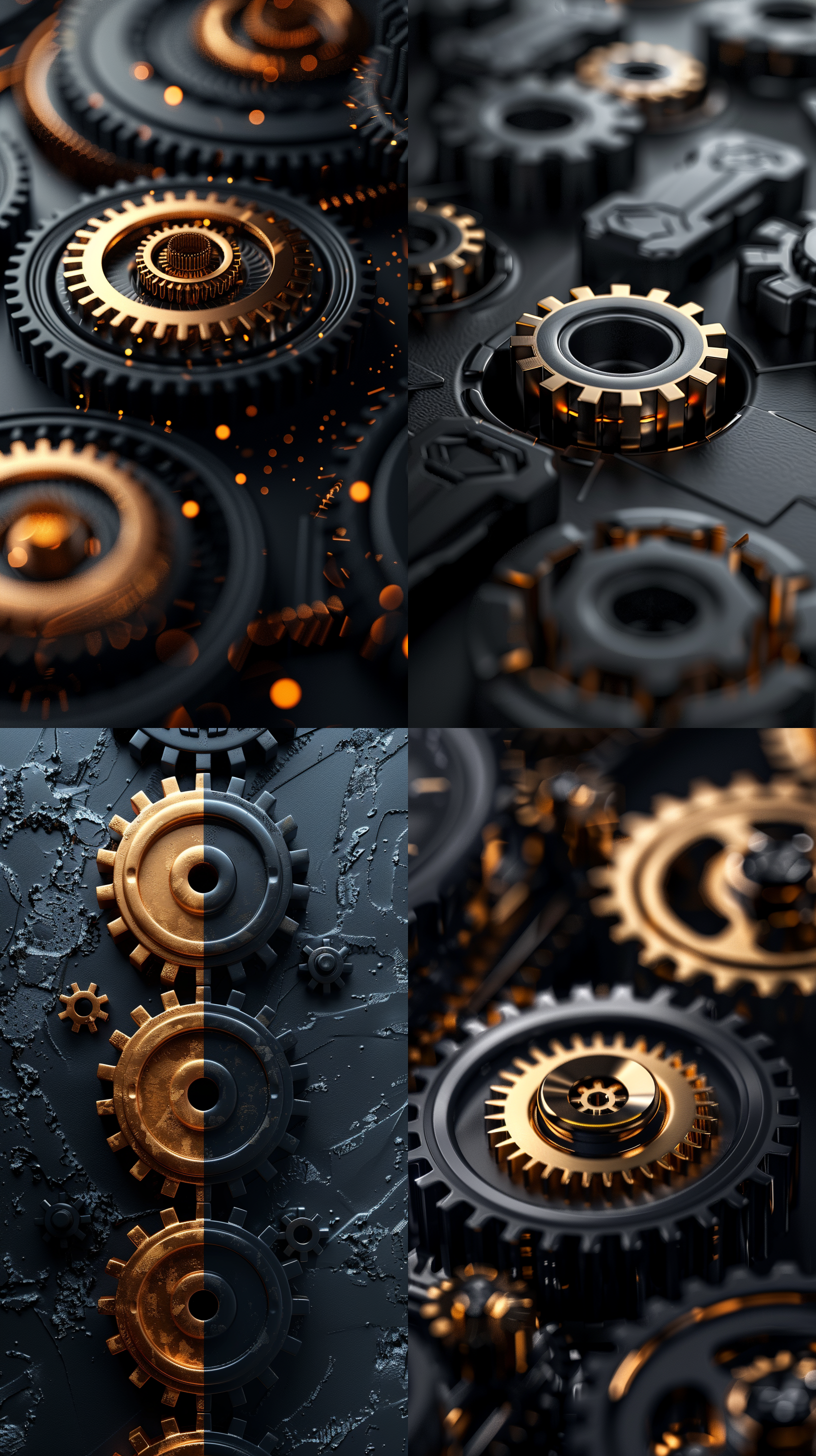 ，移轴，渐变的黑色和金色，明暗对比，透明的磨砂，3d图标渲染，转动的齿轮，干净背景，3d等距，砂玻璃，机械风格，极简主义