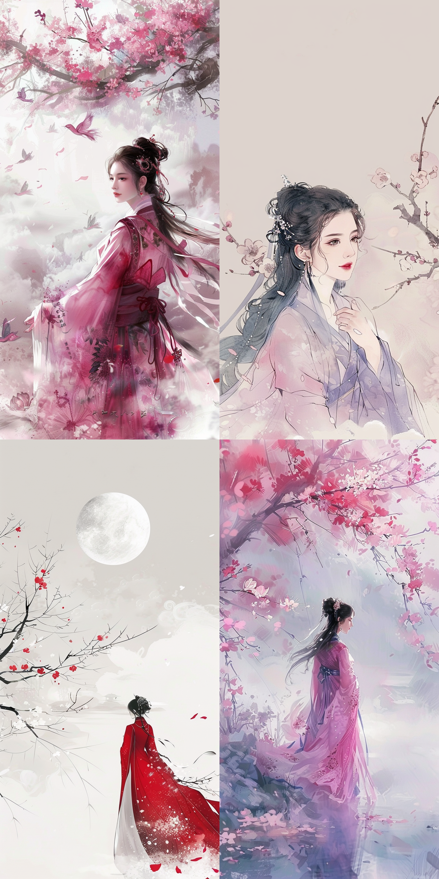 line painting, minimalism, art painting, poster style, magazine style, ladies, simple hanfu style, color like monet painting, chinese classicism, meditation, chinese opera actress, minimalism smile, delicate features, white clouds, cool, romantic