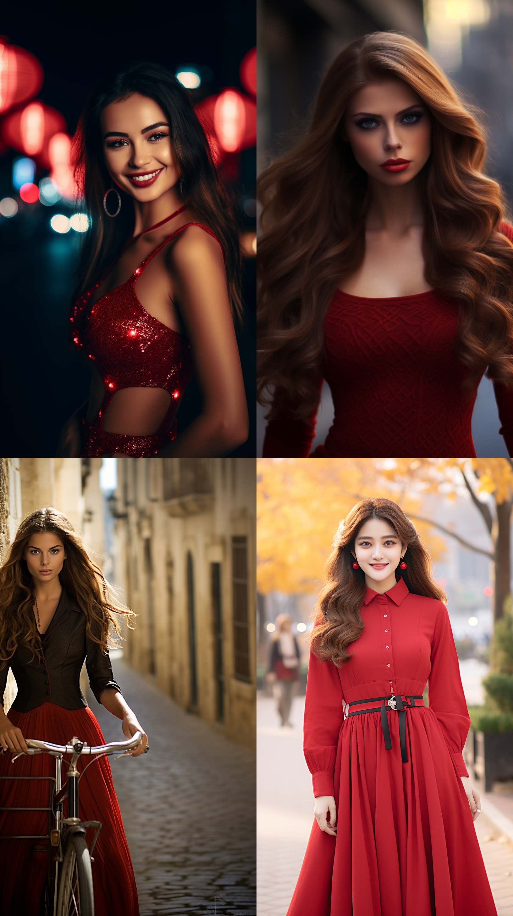 一位中国模特站在城市街头，她穿着一件华丽的红色旗袍，长发飘扬。她的面容充满自信和优雅，微笑着凝视前方。照片采用黑白风格，突出了她的特色和气质。大胆的构图，迷人的眼神，细腻的光影交错，传达出她的魅力与骄傲。黑白，旗袍，自信，优雅，微笑，黑白摄影，城市街头，红色，长发，眼神，光影。