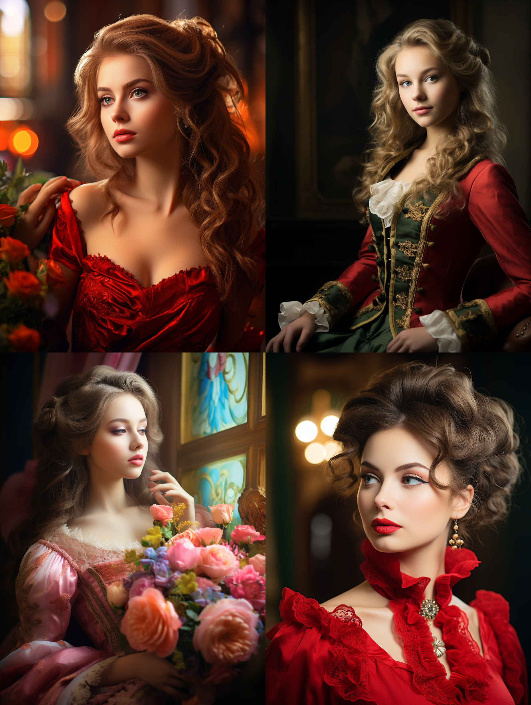 室内拍摄，明亮色调，模特穿着古典服装，侧面肖像，柔和光线，中焦镜头，端庄表情，优雅动作，传统元素，油画效果，温暖情感