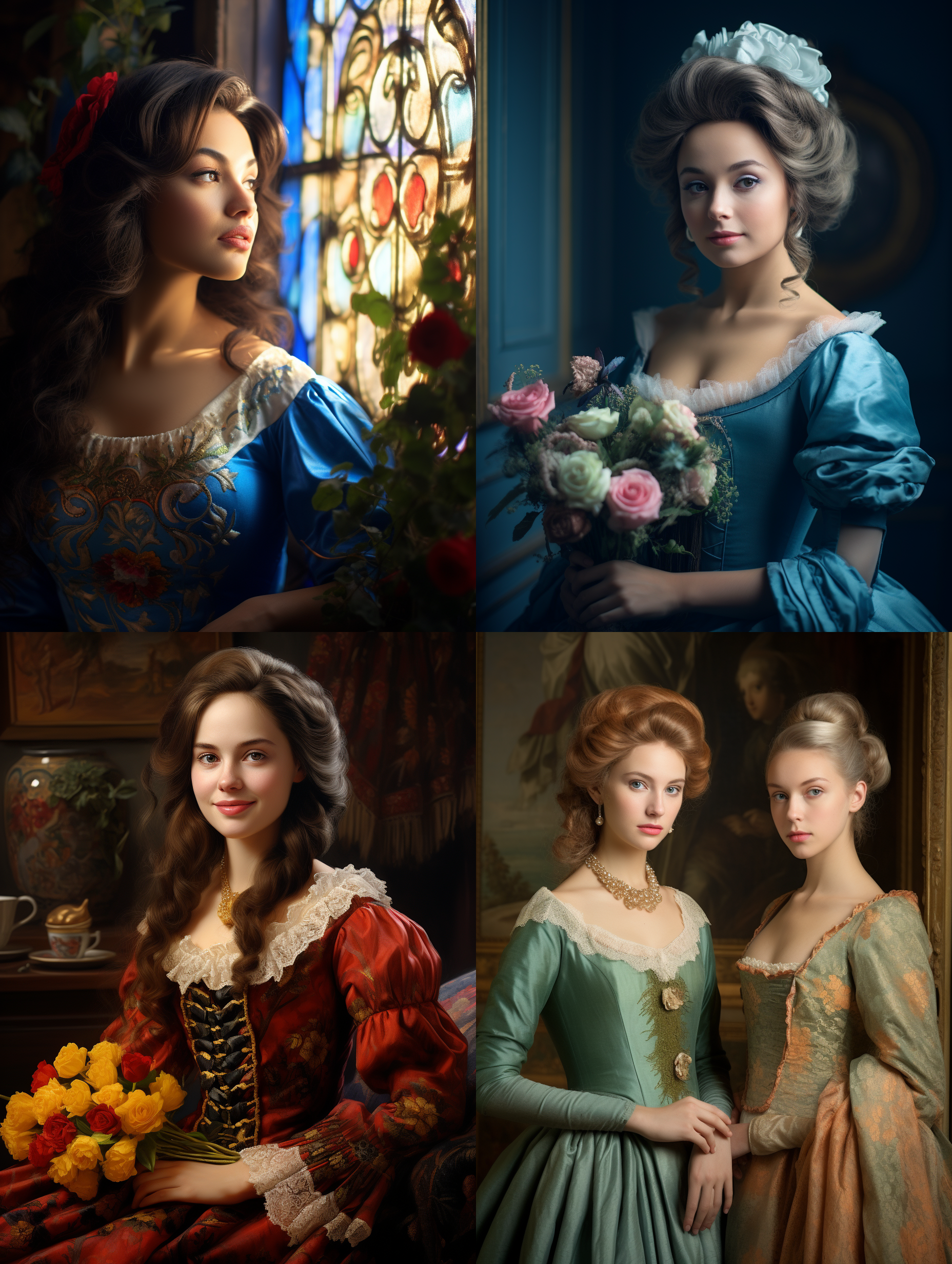 室内拍摄，明亮色调，模特穿着古典服装，侧面肖像，柔和光线，中焦镜头，端庄表情，优雅动作，传统元素，油画效果，温暖情感