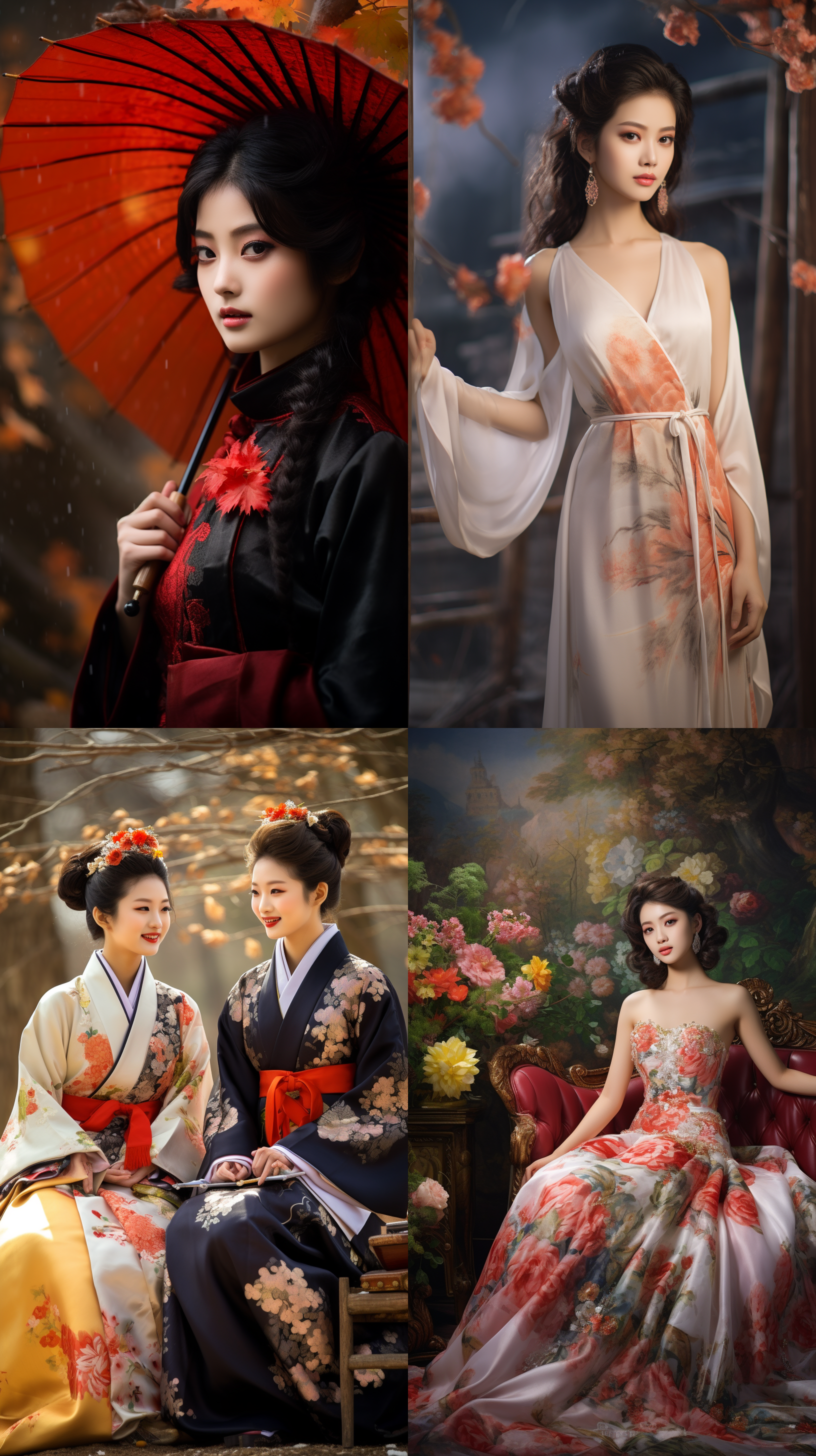 室外拍摄，明亮色调，中国模特穿着古典服装，侧面肖像，柔和光线，中焦镜头，端庄表情，优雅动作，传统元素，油画效果，温暖情感