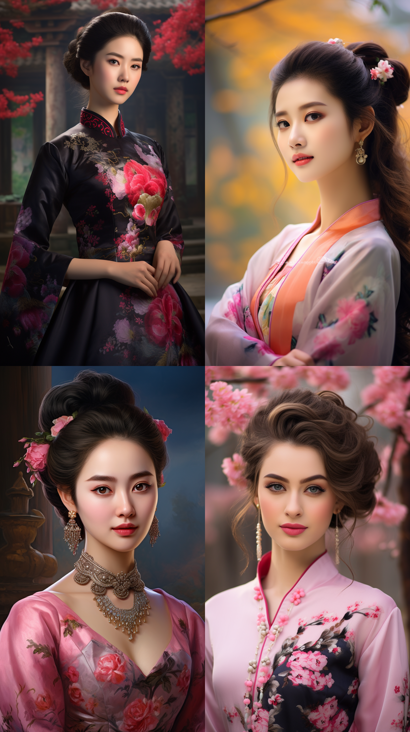 室外拍摄，明亮色调，中国模特穿着古典服装，侧面肖像，柔和光线，中焦镜头，端庄表情，优雅动作，传统元素，油画效果，温暖情感