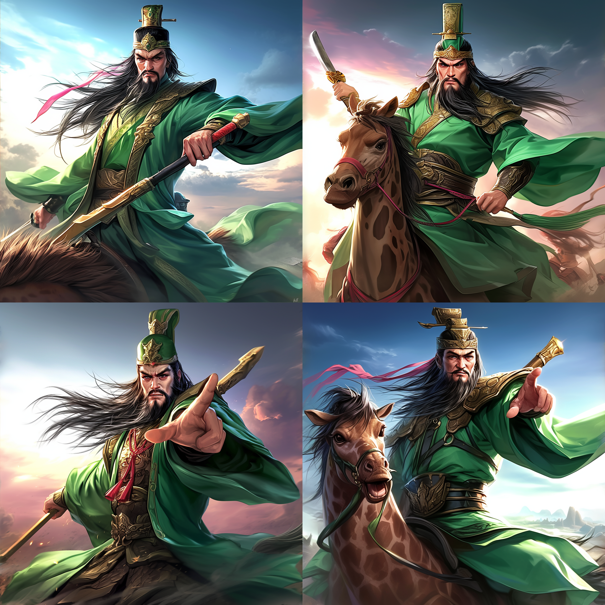 关羽身着传统战袍，骑着长颈鹿，骑的是长颈鹿。右手握长柄偃月刀，左手托着金元宝，目光坚定。他不胖不瘦，大概40岁。威严，力量，决心。史诗风格，暖色调，全景视角，逆光，动作凝固，古代战士，英雄。