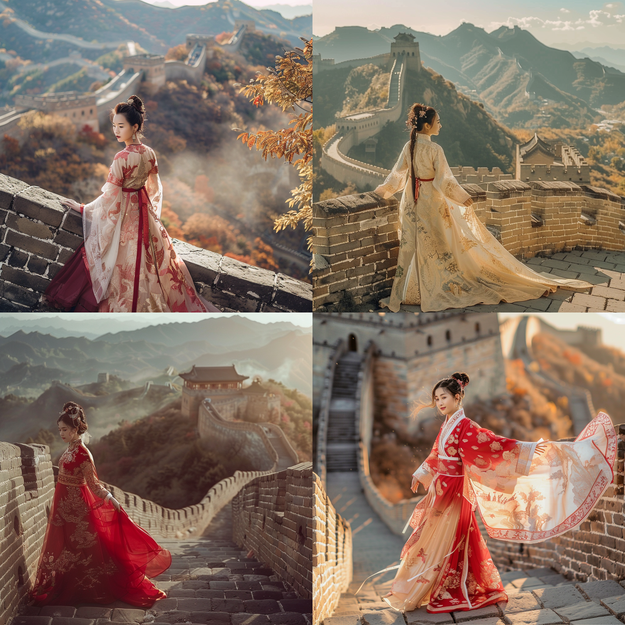 美女汉服，八达岭长城，端庄雍容，自信，细腻画面，壮观景象，自然光，全景，80mm镜头