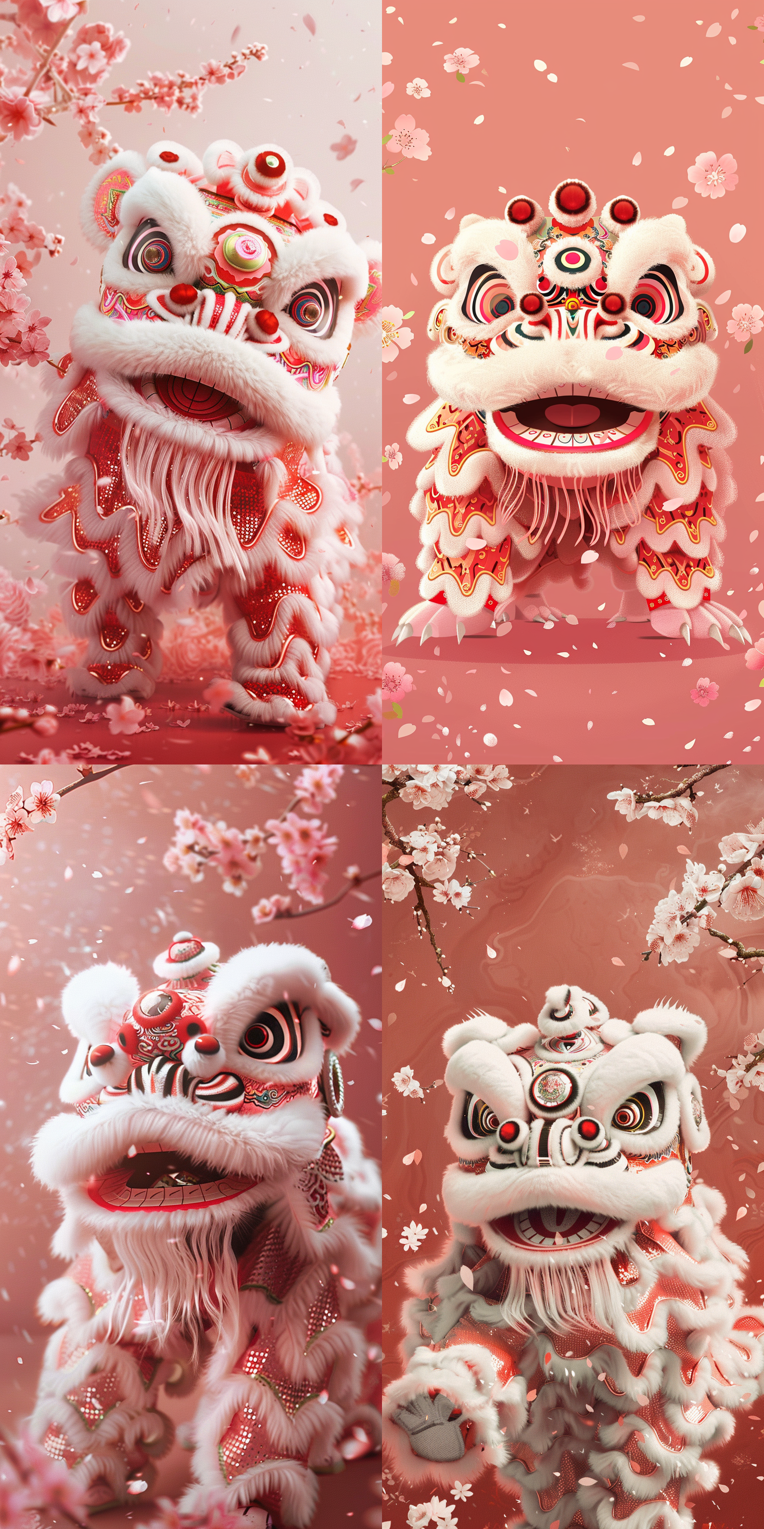 中国舞狮，单调的粉色背景，桃花点缀，居中构图，极简风格，超清晰，超精细，超精细，超高分辨率，超高品质，超高质量，超高清，32k