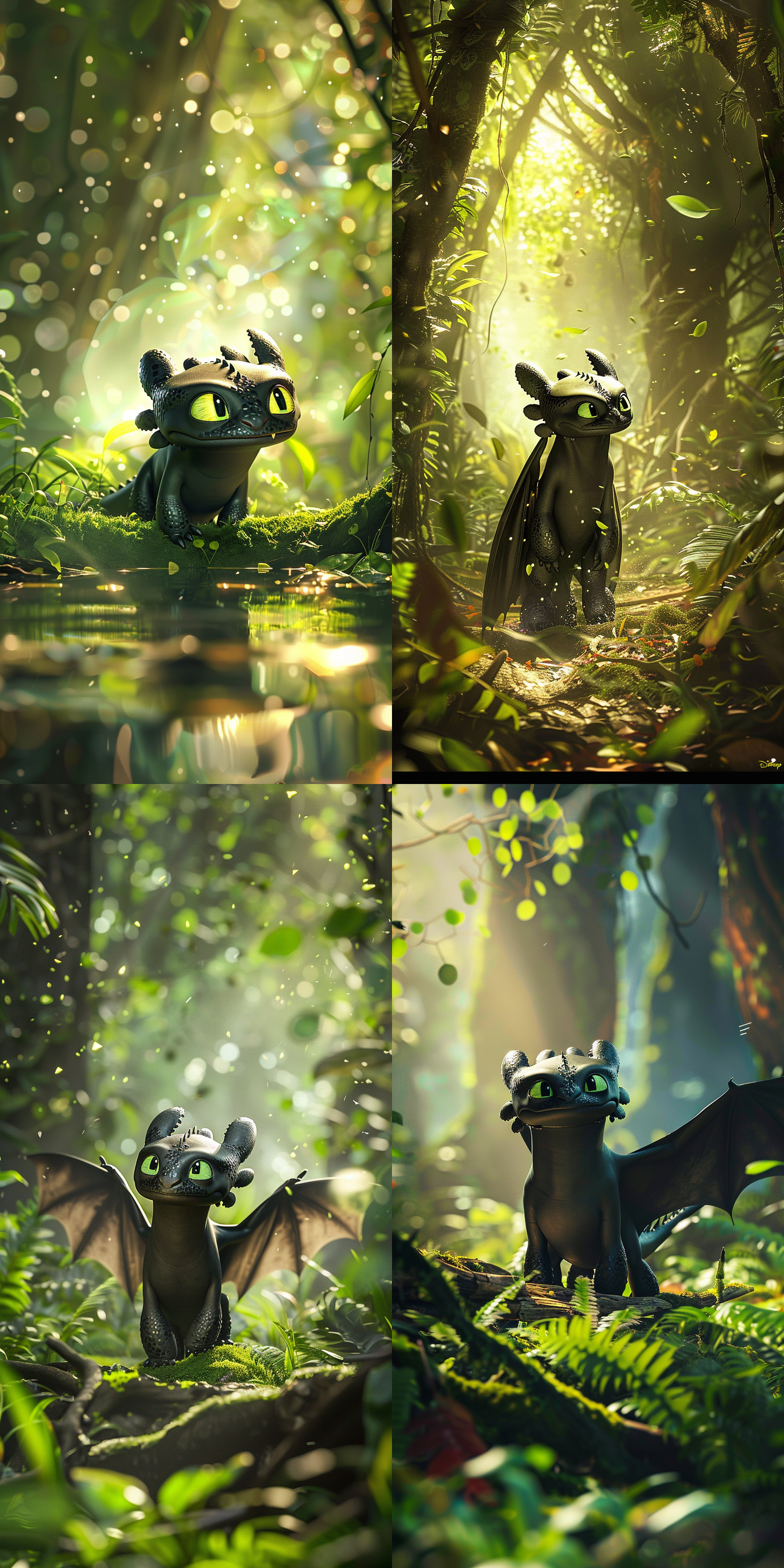 dreamworks studios style, how to train your dragon, toothless, strolling in the rainforest, dazzling particles, dazzling light and shadow, bright colors, bright light, tindar light, exquisite wallpaper, ultra fine, ultra clear, ultra high resolution, ultra high quality, ultra high detail, ultra high quality, ultra high definition, 32k