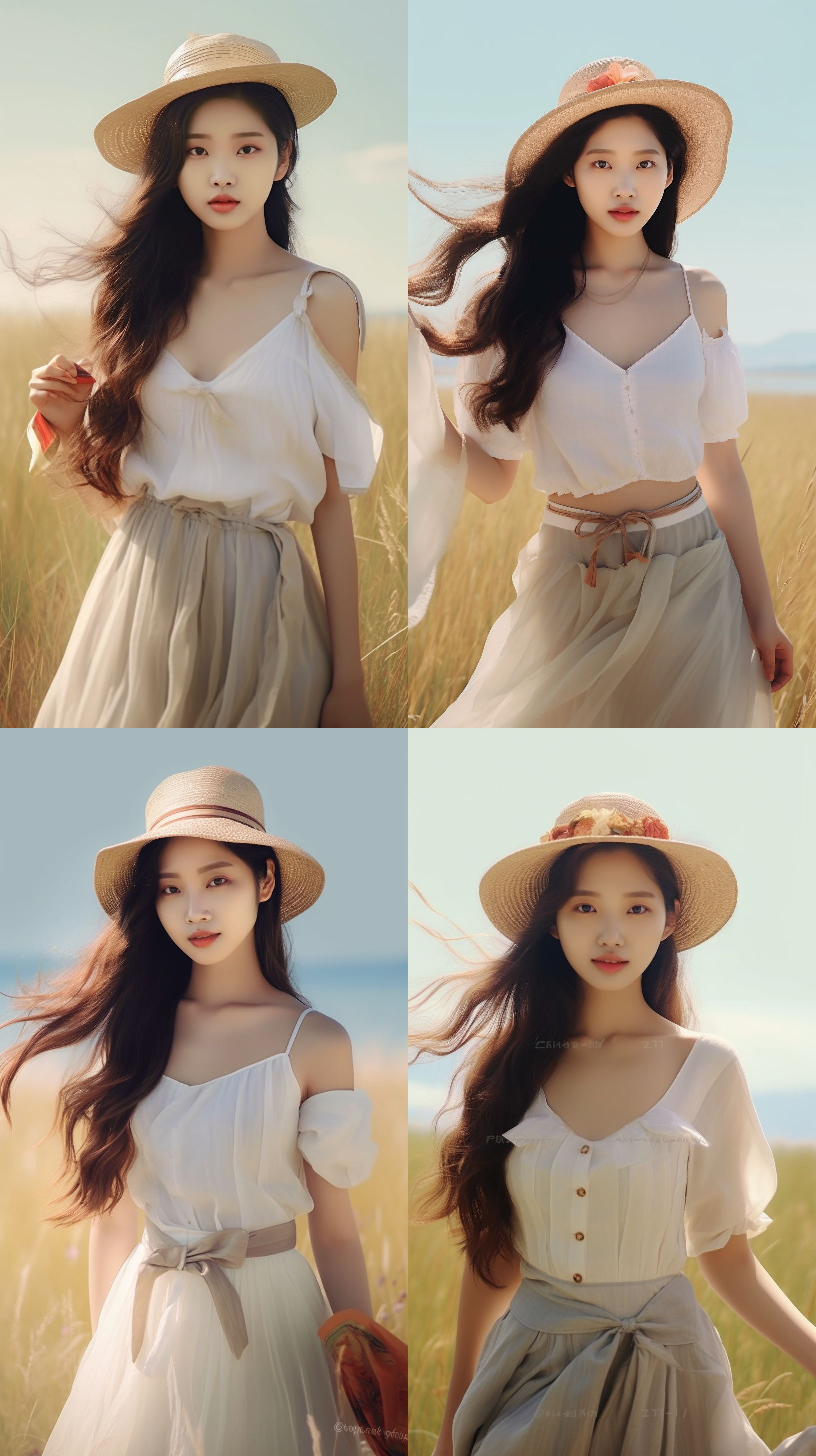 美女在大草原，穿着白色纱裙，戴着花篮帽，自然光线，柔和色调，环境肖像，中景构图，微笑，自然动作，风吹动长发，温暖情感。手里拿着一颗红色的大水蜜桃，水蜜桃红润水灵灵。 自然光线, 柔和色调, 环境肖像, 中景构图, 微笑, 自然动作, 风吹动长发, 温暖情感, 红色。