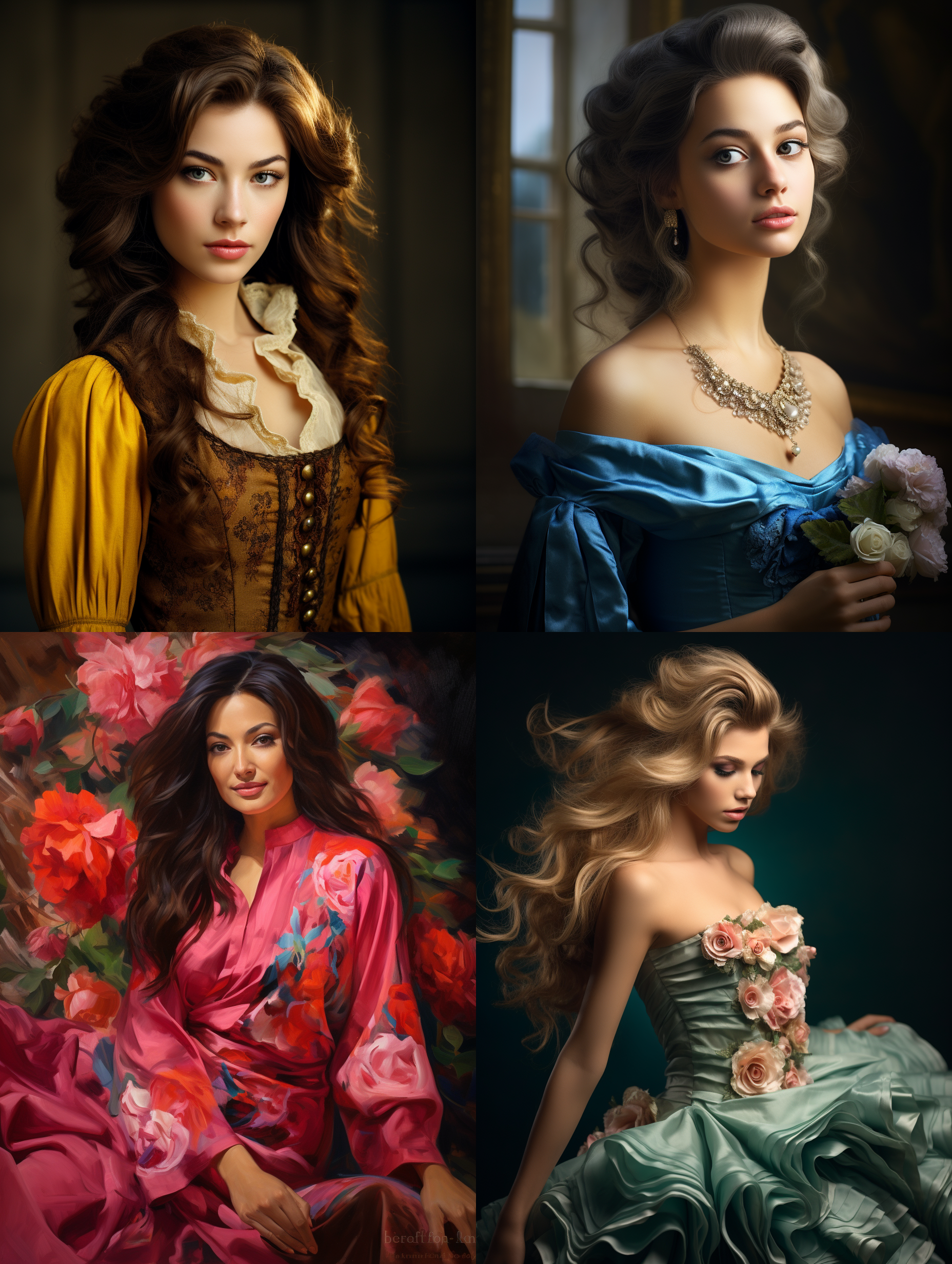 模特穿着古典服装, 侧面肖像, 柔和光线, 中焦镜头, 明亮色调, 端庄表情, 优雅动作, 传统元素, 油画效果, 温暖情感.