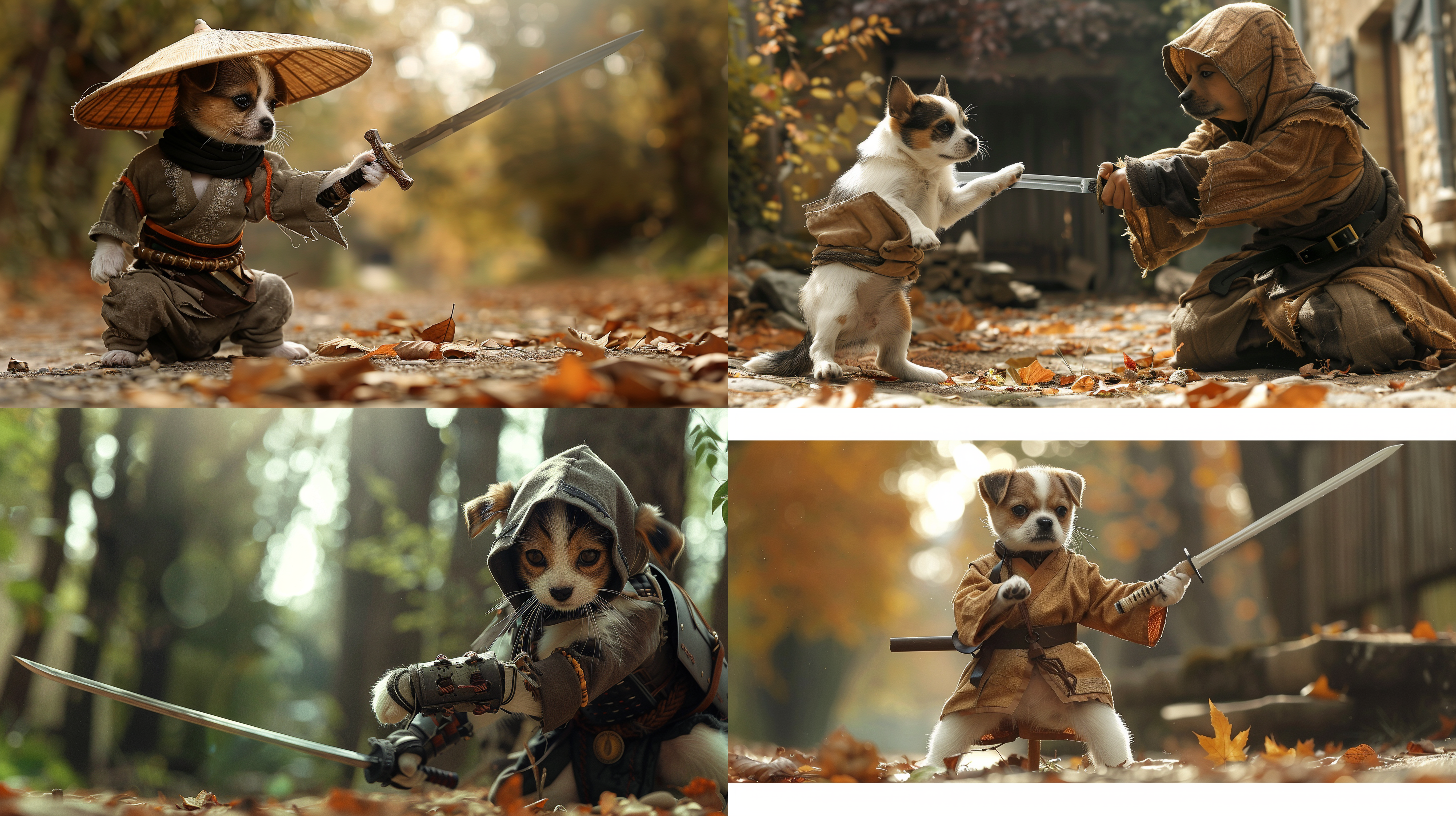 小猫，小狗，古装侠客服饰，在林中，决斗，手持剑，紧张氛围，漫画形象，3d效果 林中决斗，中心构图，暗色调，长焦镜头，侧面光，动作凌厉，细节丰富，生动对比，紫色调，激烈情绪。 电影风格 森林 正视 电影灯光 幻想四季 全身角色 武侠 汉服 竹子 生气