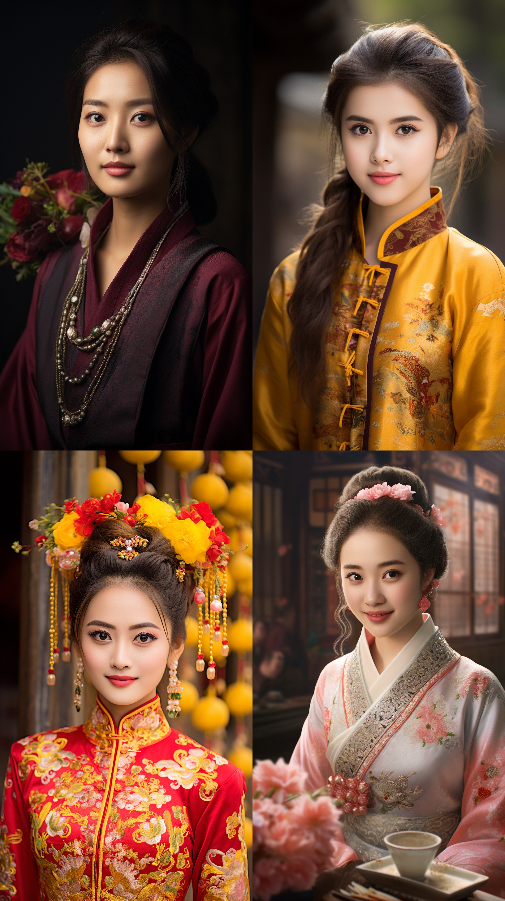 室外拍摄，明亮色调，中国模特穿着古典服装，侧面肖像，柔和光线，中焦镜头，端庄表情，优雅动作，传统元素，油画效果，温暖情感