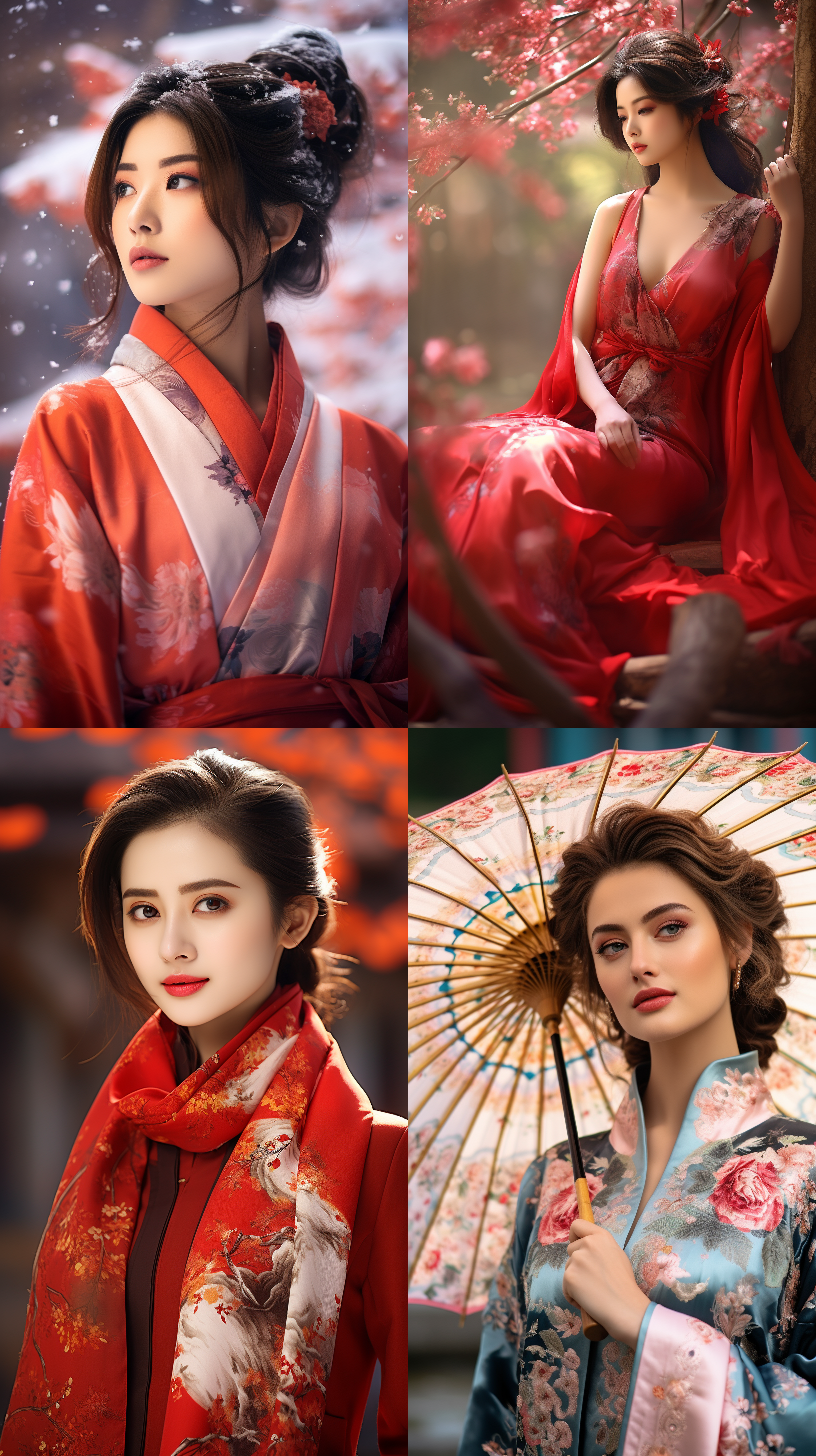 室外拍摄，明亮色调，中国模特穿着古典服装，侧面肖像，柔和光线，中焦镜头，端庄表情，优雅动作，传统元素，油画效果，温暖情感